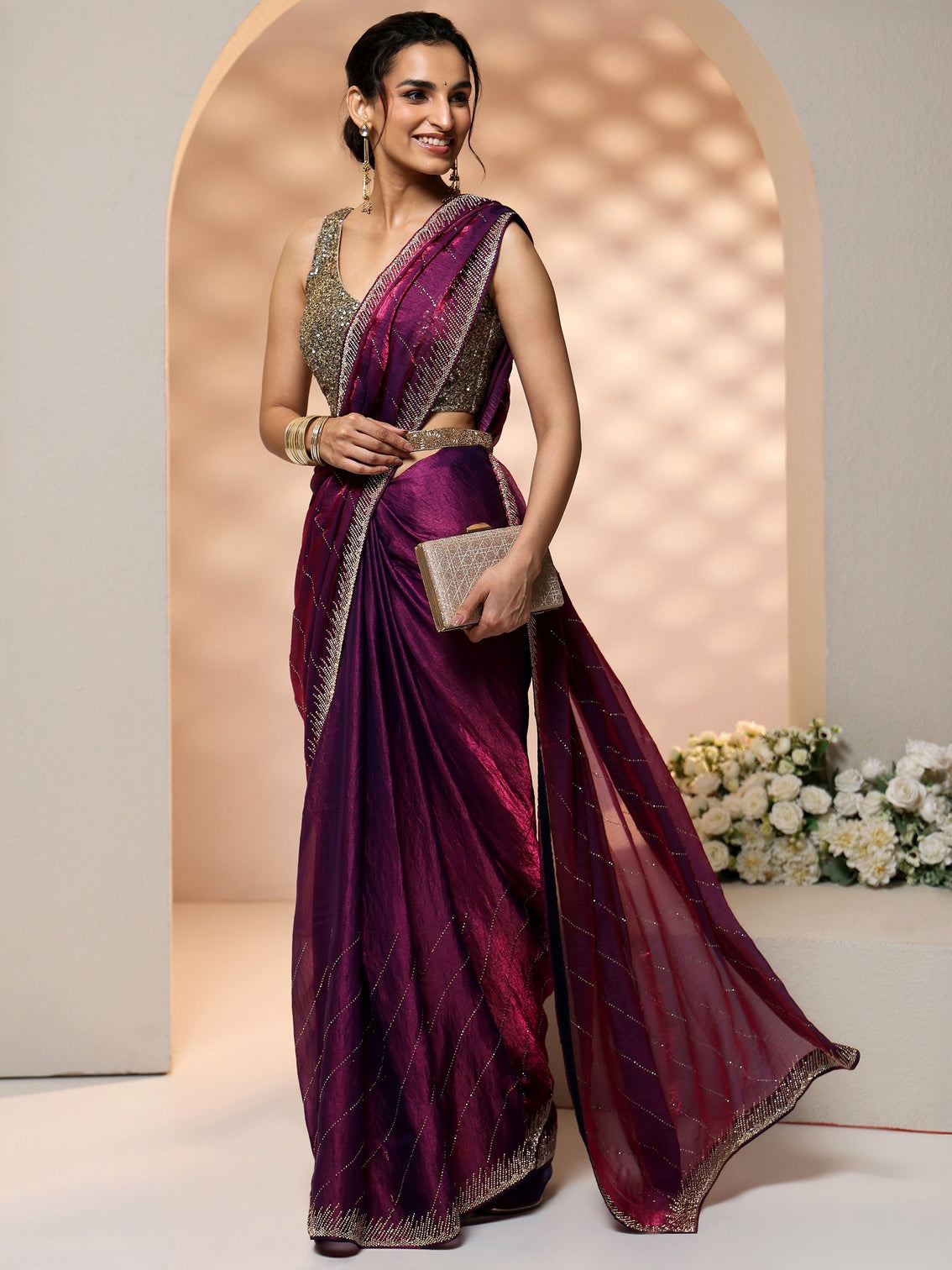 Mameraa Plum Purple Stone Work Striped Embellished Tissue Saree