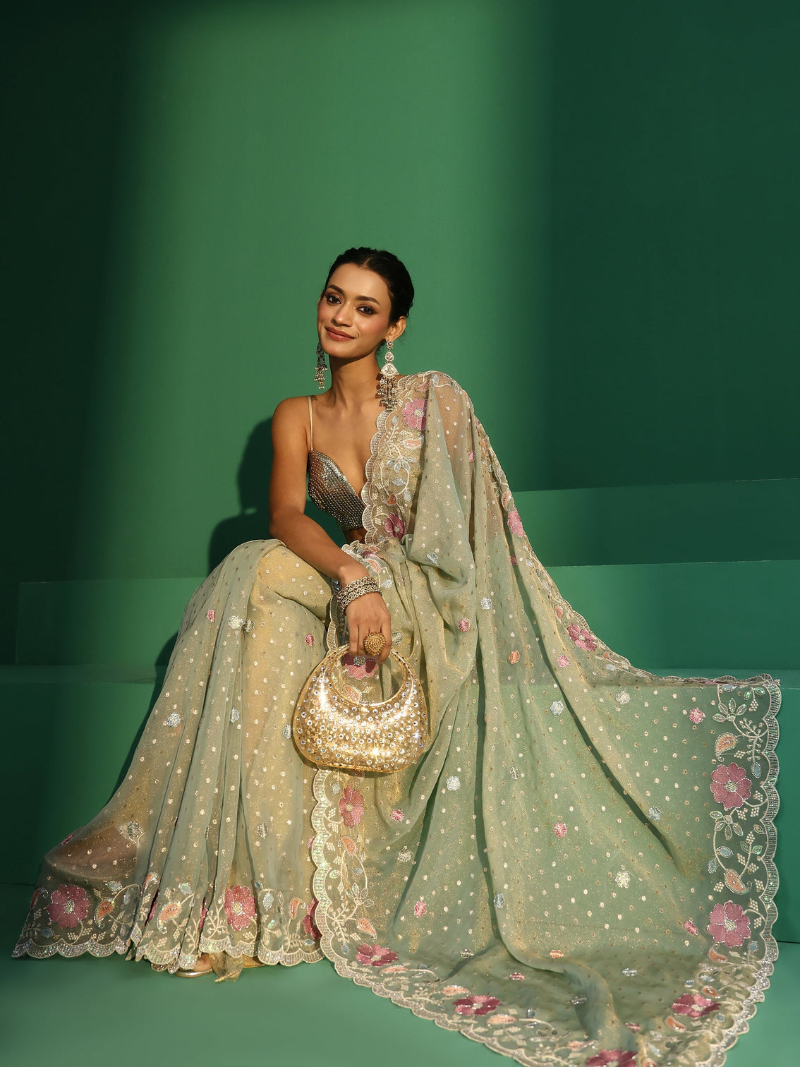 Mameraa Powder Blue Embellished Tissue Saree with Floral Embroidered Border