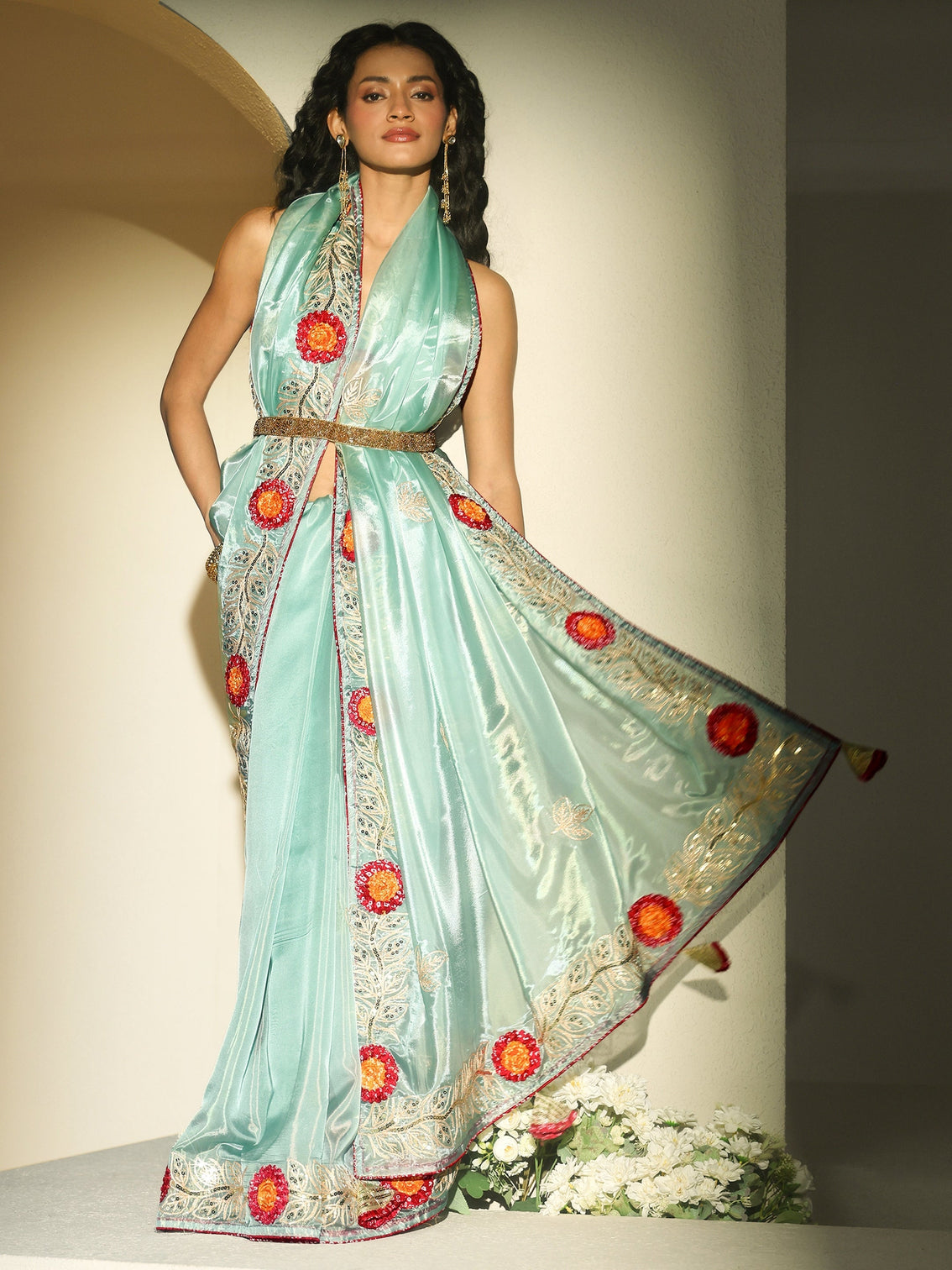 Mameraa Powder Blue Floral Embellished Tissue Saree