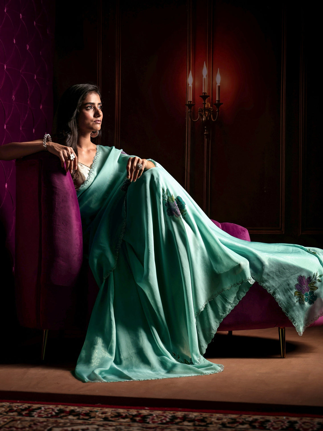 Mameraa Powder Blue Floral Embellished Tissue Saree