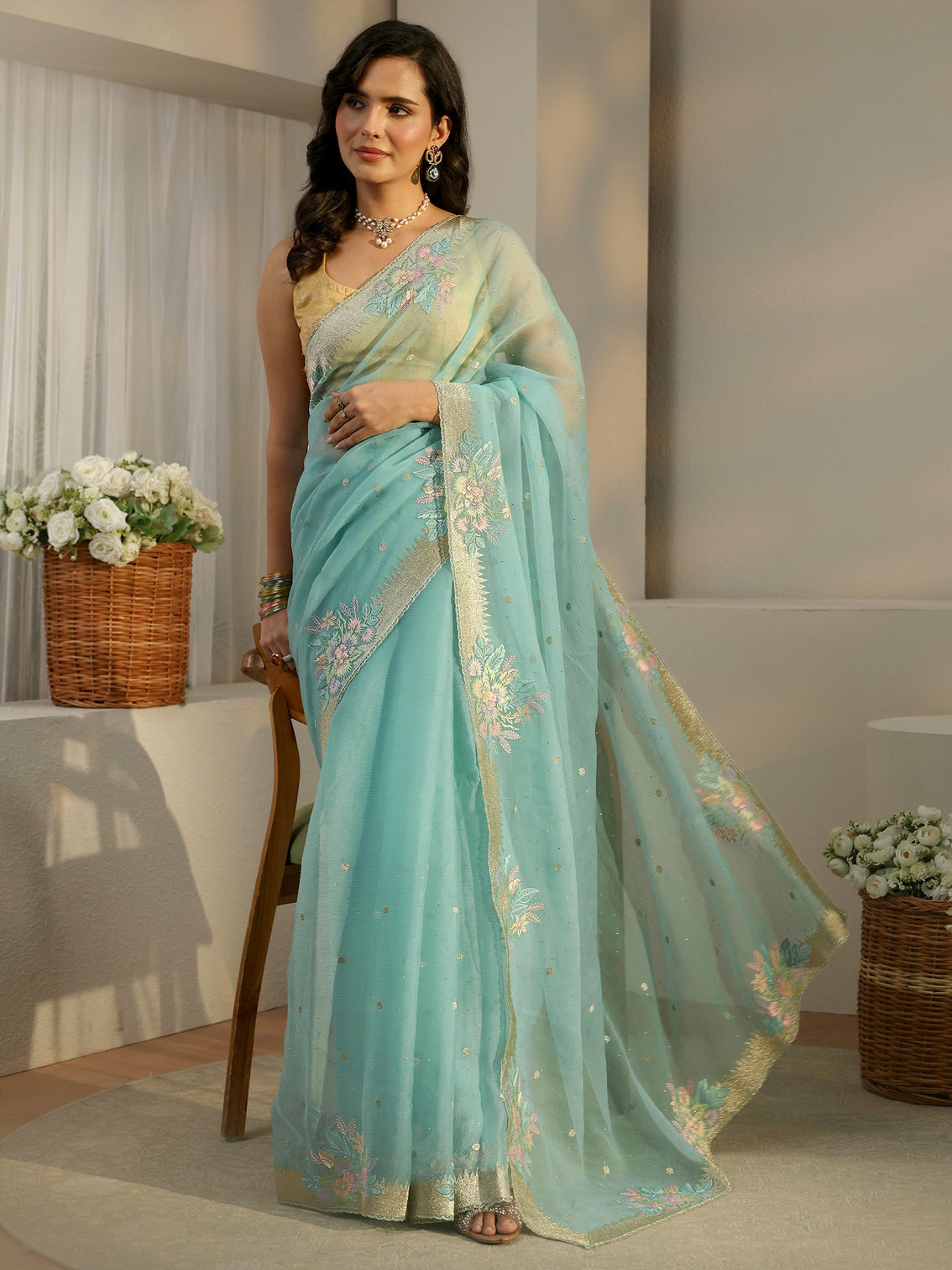 Mameraa Powder Blue Floral Embroidered Organza Saree