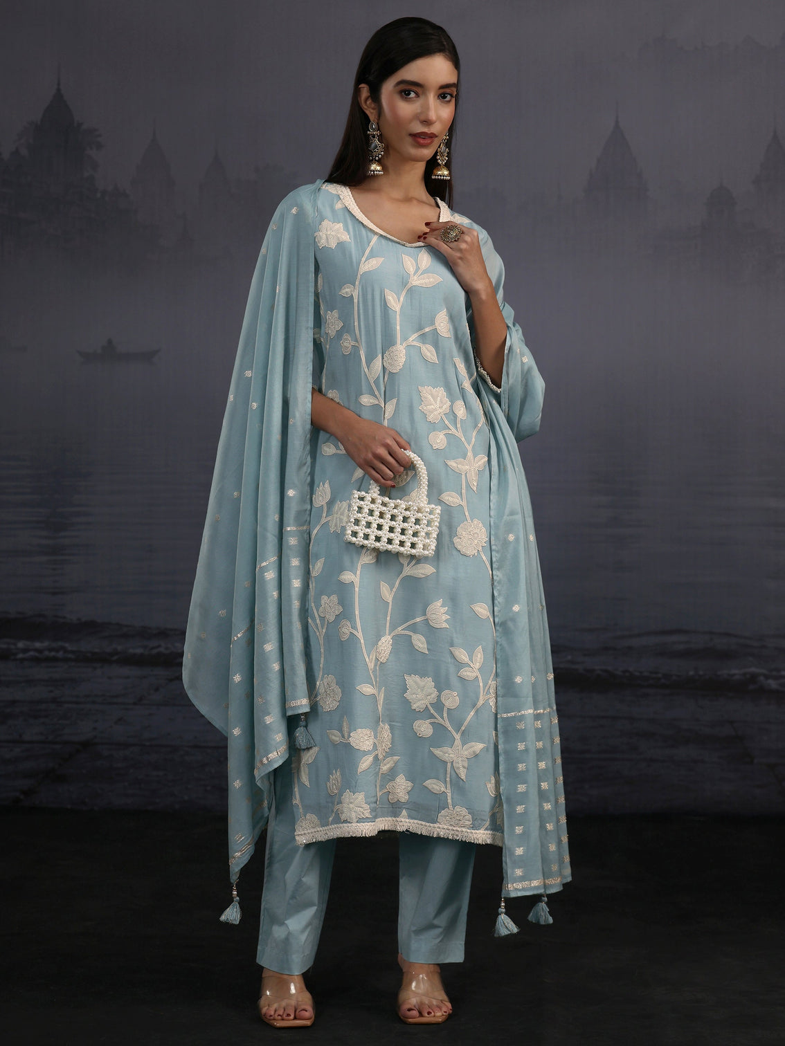 Mameraa Powder Blue Floral Embroidered Silk Blend Straight Suit Set