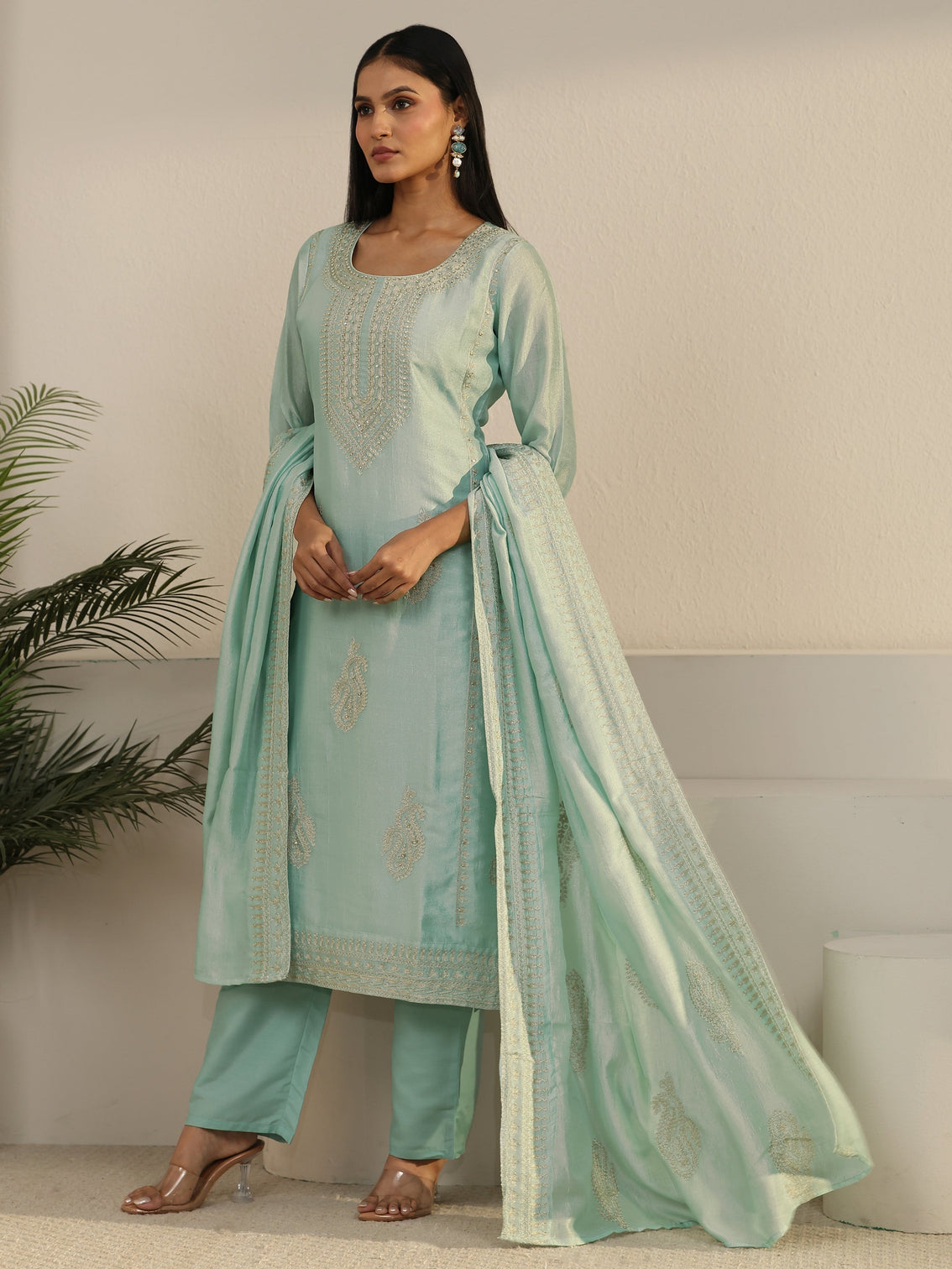 Mameraa Powder Blue Paisley Embellished Silk Blend Straight Suit Set