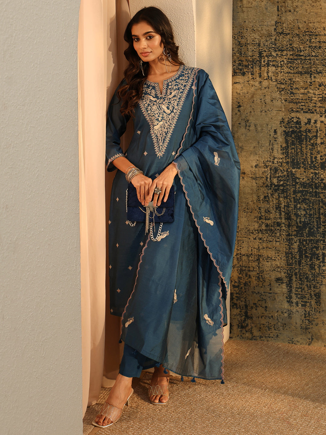 Mameraa Prussian Blue Embroidered Chanderi Silk Straight Suit Set