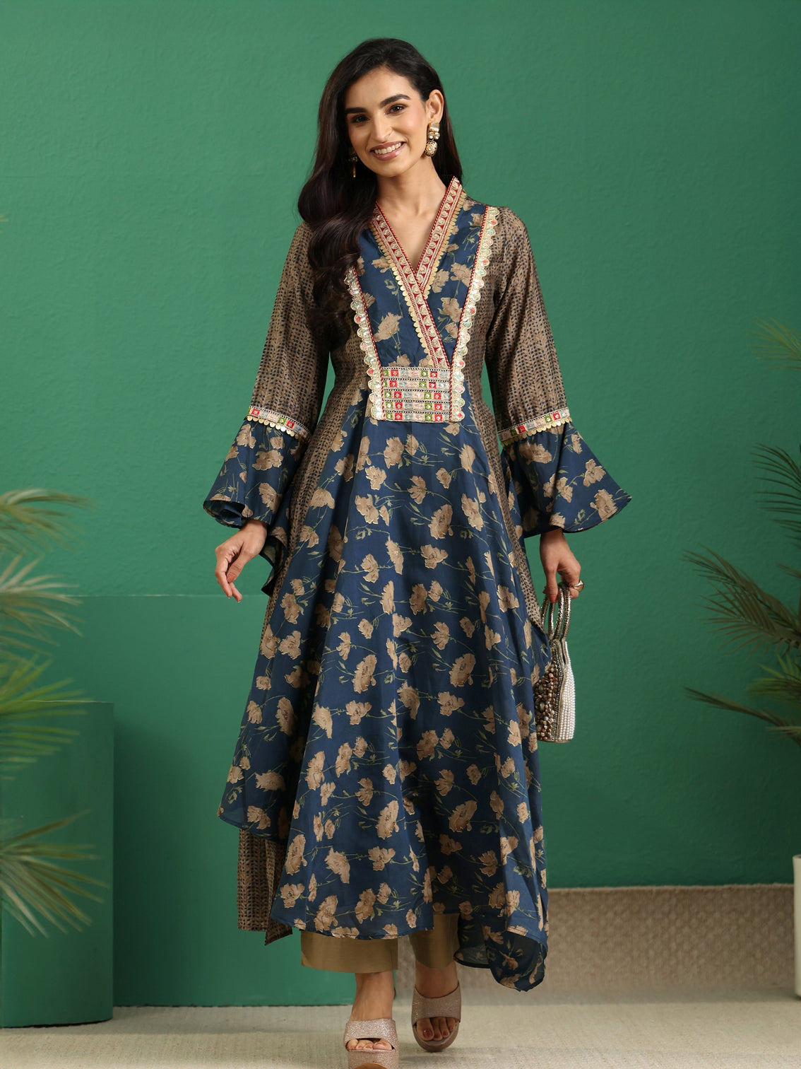 Mameraa Prussian Blue Floral Printed Silk Blend Cowl Style Kurta