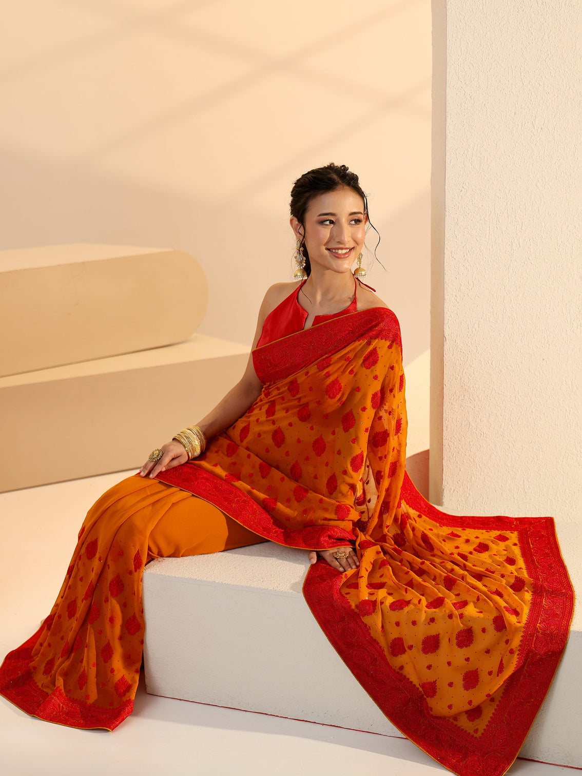 Mameraa Pulp Orange Georgette Saree with Embroidered Border