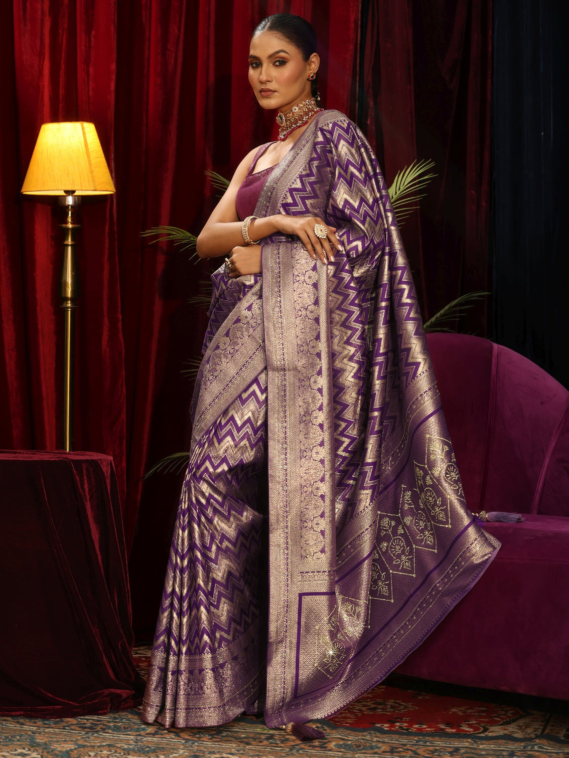 Mameraa Purple Chevron Woven Design Silk Blend Saree