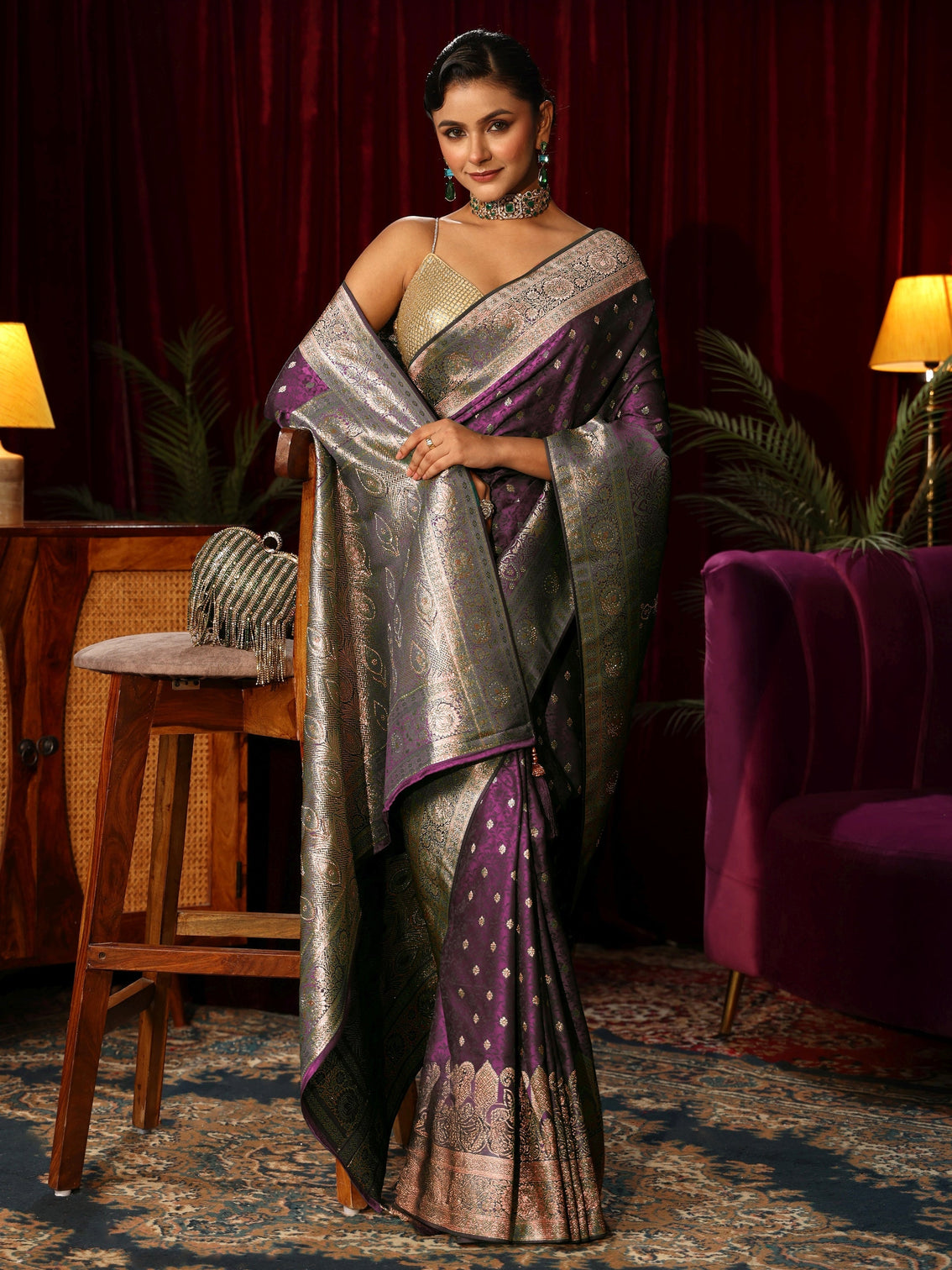 Mameraa Purple Embellished Satin Banarasi Saree