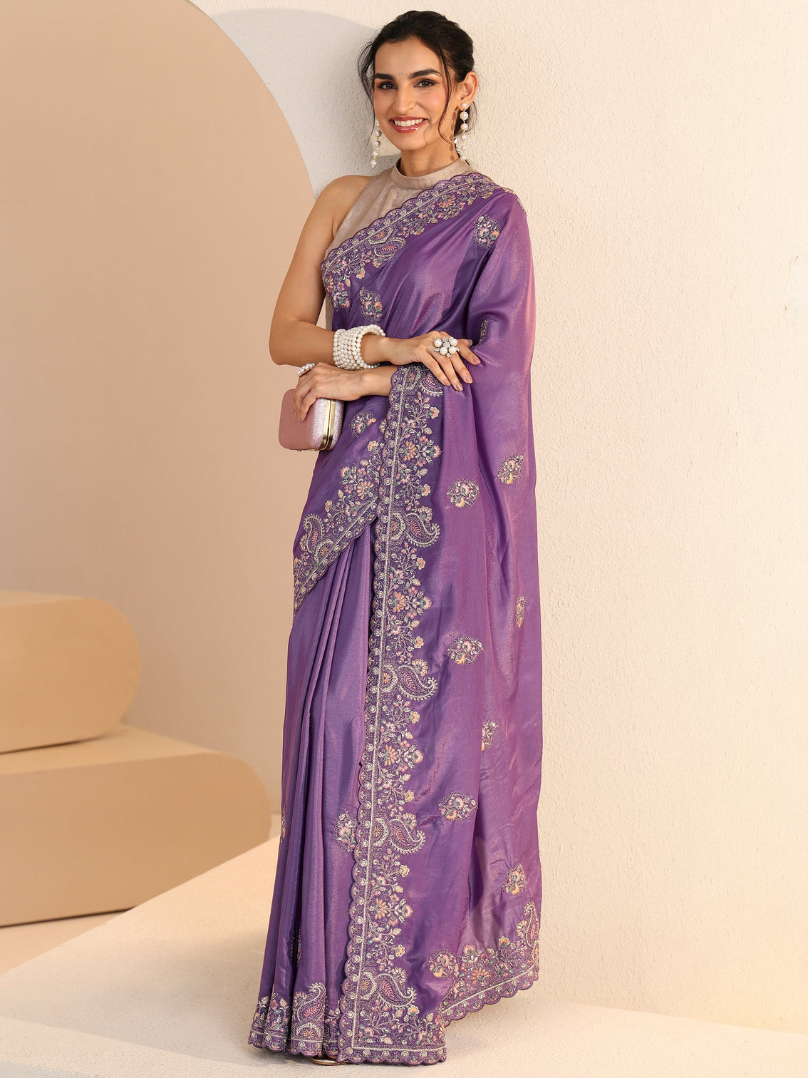 Mameraa Purple Embroidered Satin Saree