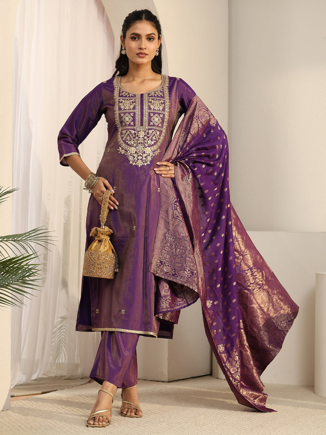 Mameraa Purple Floral Embellished Silk Blend Straight Suit Set
