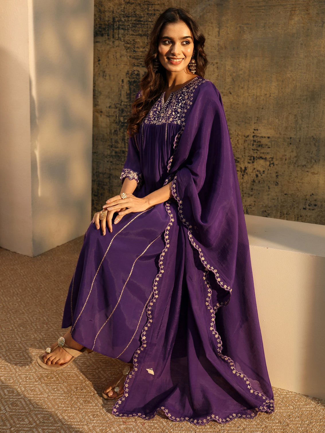 Mameraa Purple Floral Embroidered Chanderi Cotton Empire Anarkali Suit Set