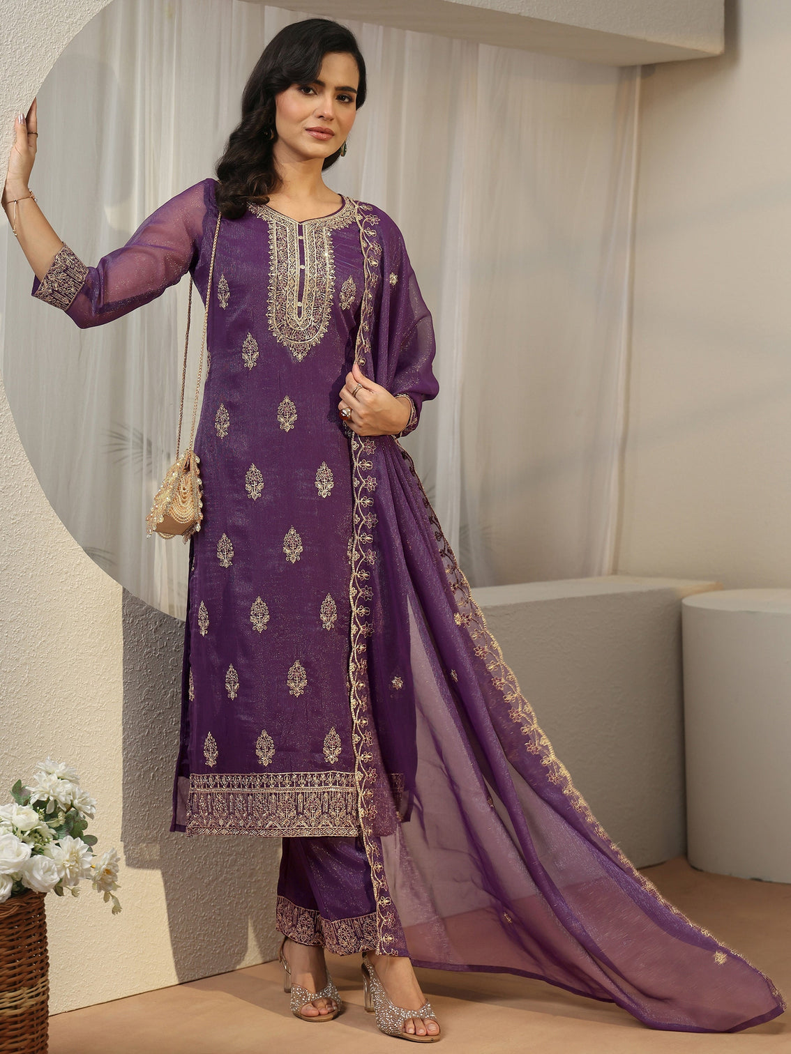 Mameraa Purple Floral Embroidered Chinon Straight Suit Set