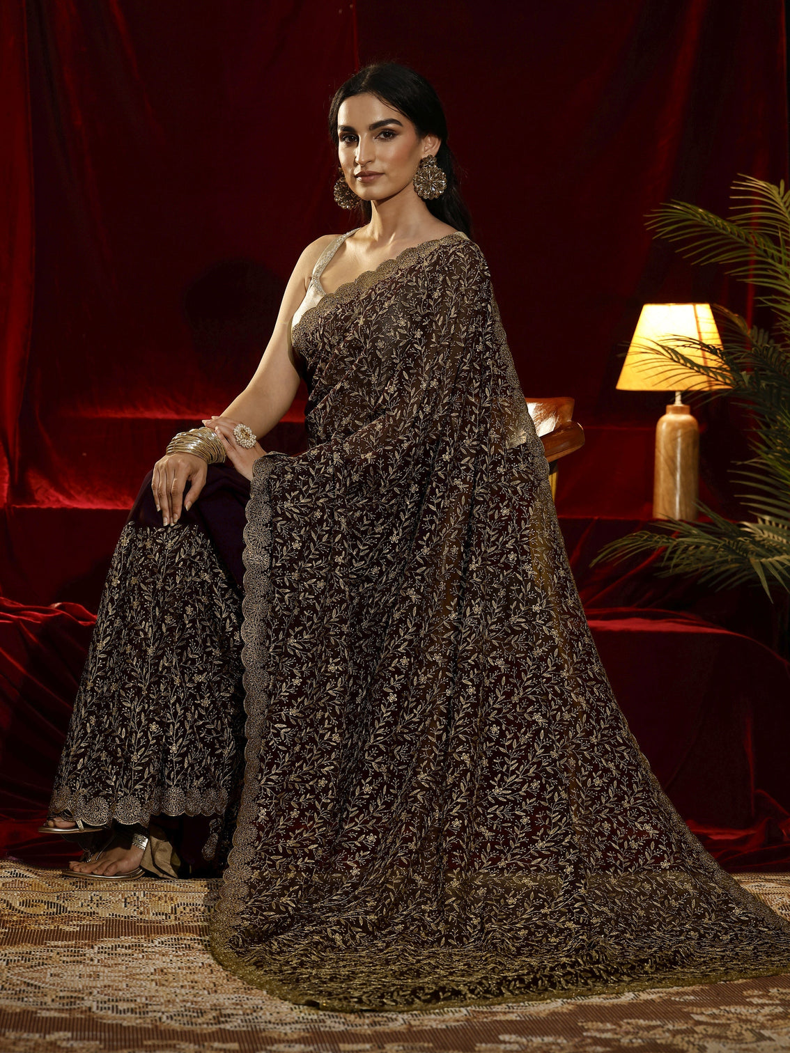 Mameraa Purple Floral Embroidered Georgette Saree