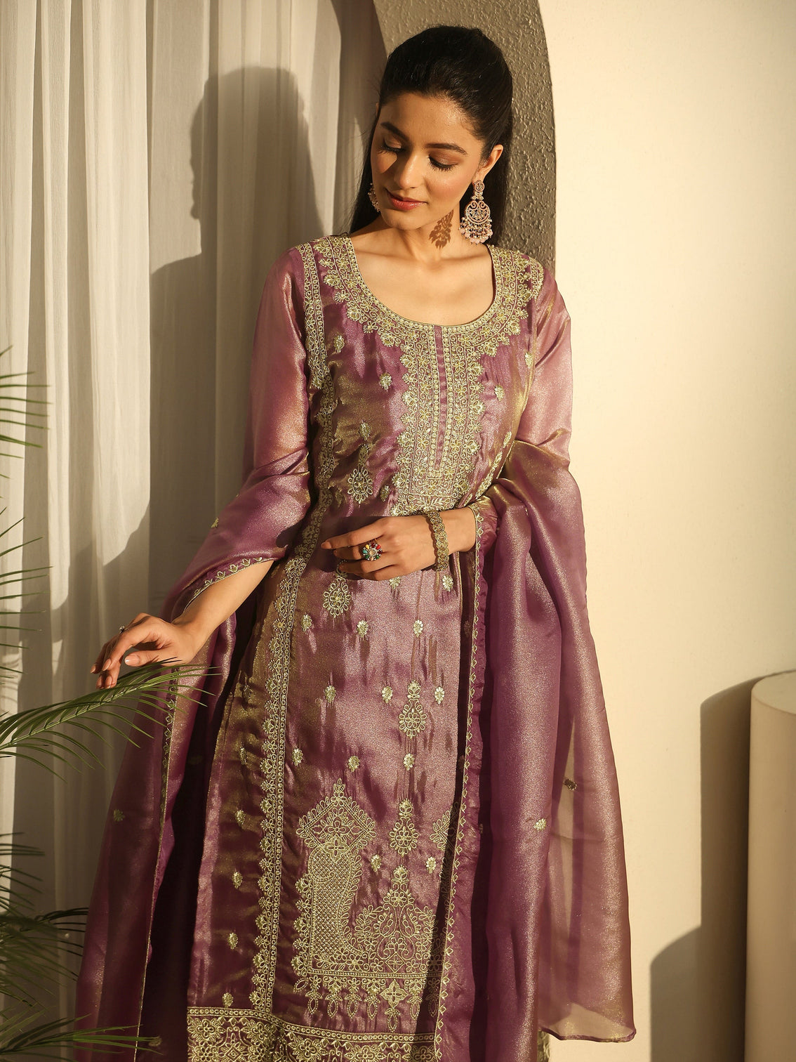 Mameraa Purple Floral Embroidered Organza Straight Suit Set