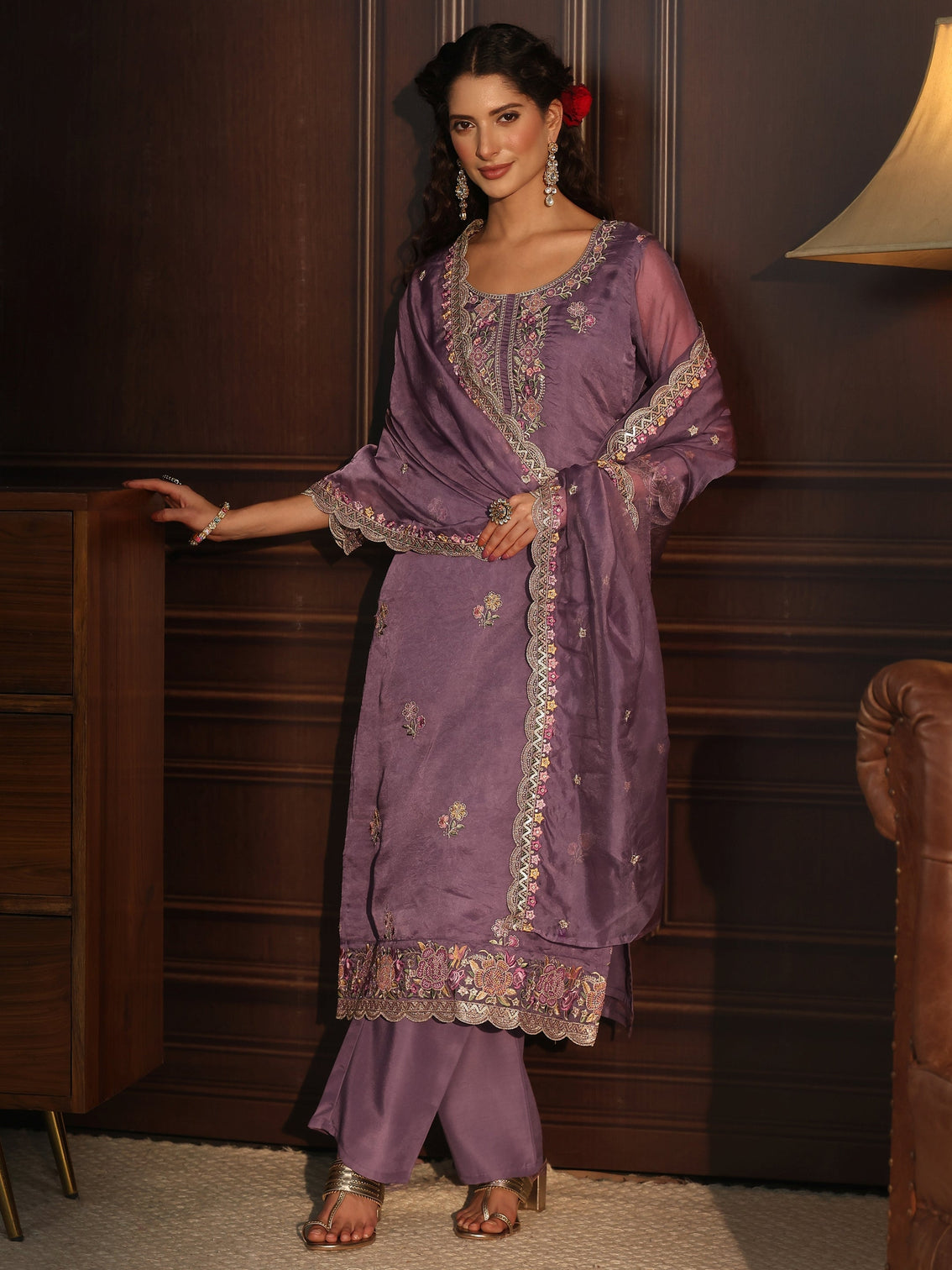 Mameraa Purple Floral Embroidered Tissue Straight Suit Set