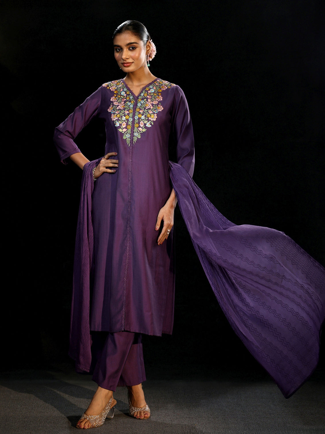 Mameraa Purple Floral Embroidered Yoke Design Silk Blend Straight Suit Set