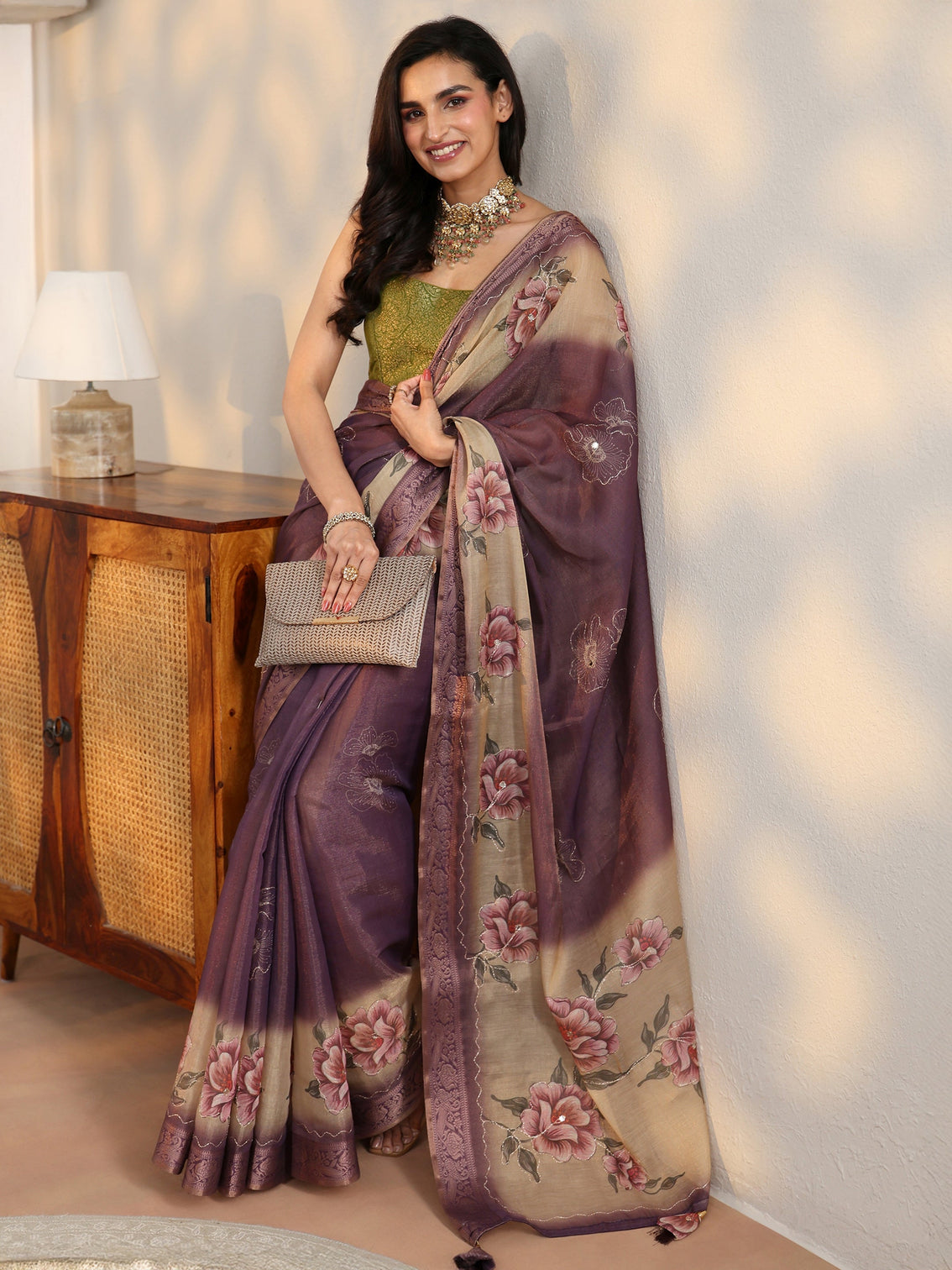 Mameraa Purple Floral Printed Silk Blend Ombre Saree with Woven Border