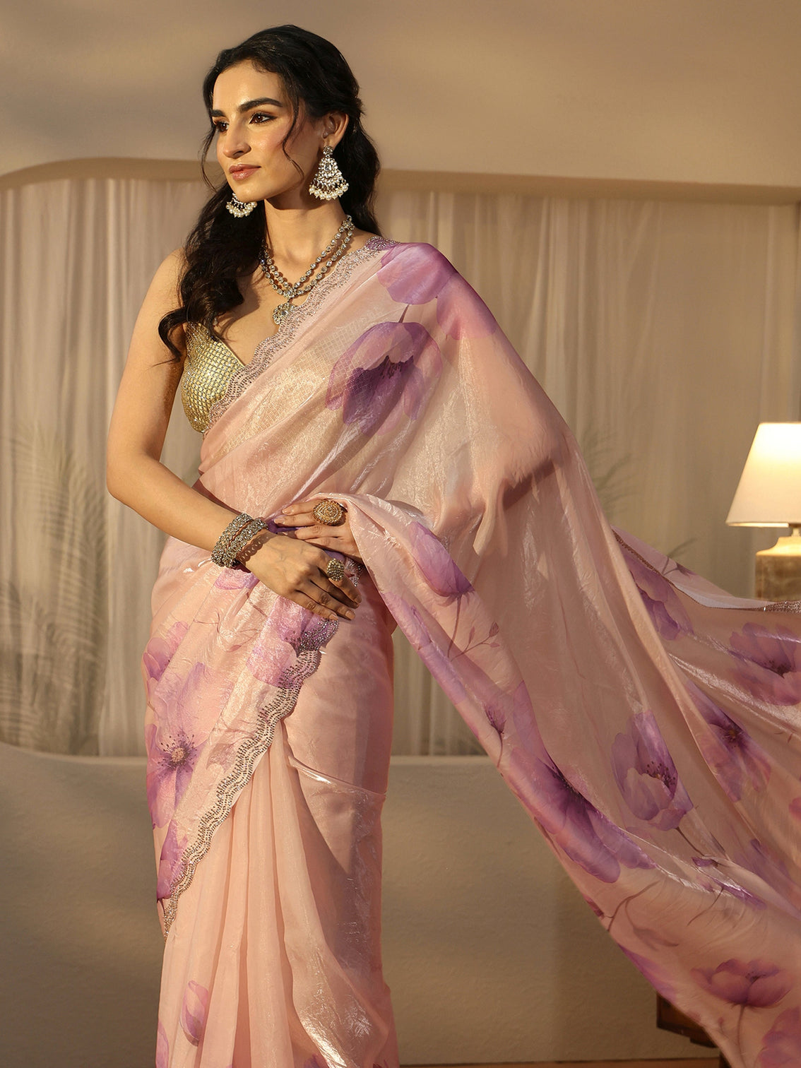 Mameraa Purple Floral Printed Tissue Saree with Embellished Border