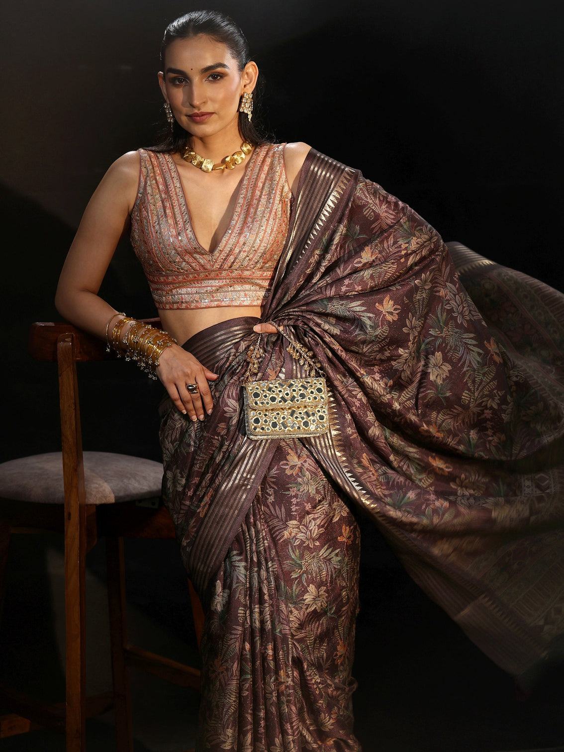 Mameraa Purple Floral Woven Design Silk Blend Saree