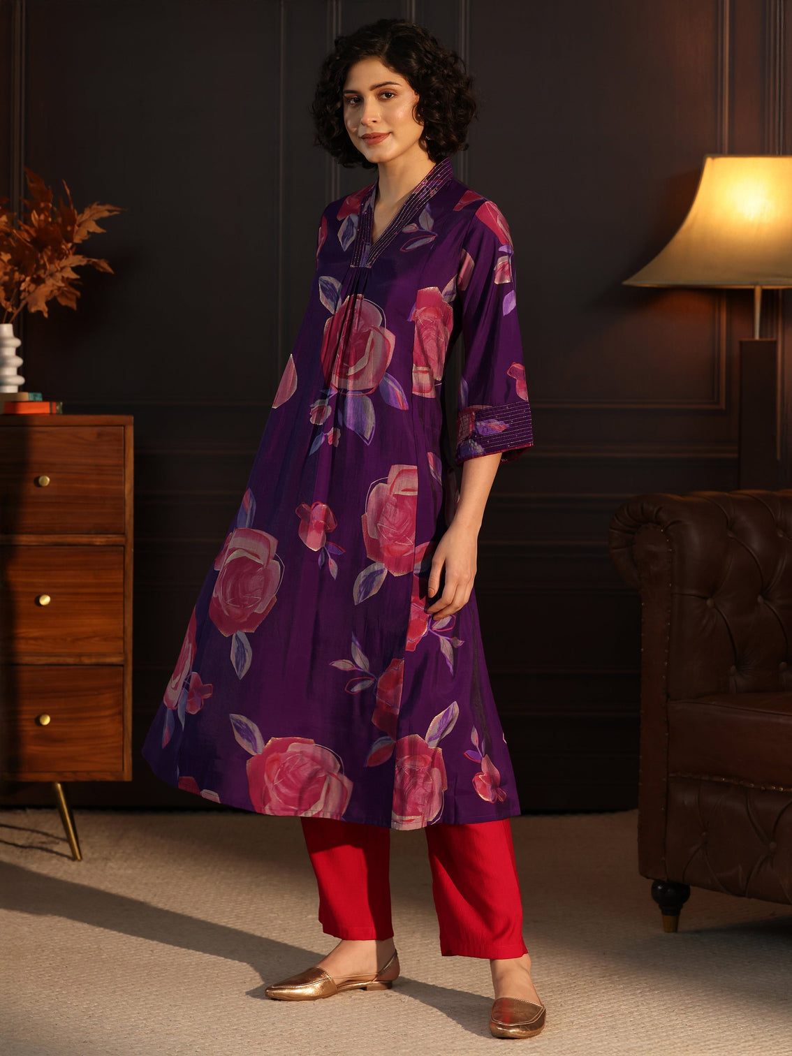 Mameraa Purple Floral printed A-Line Kurta