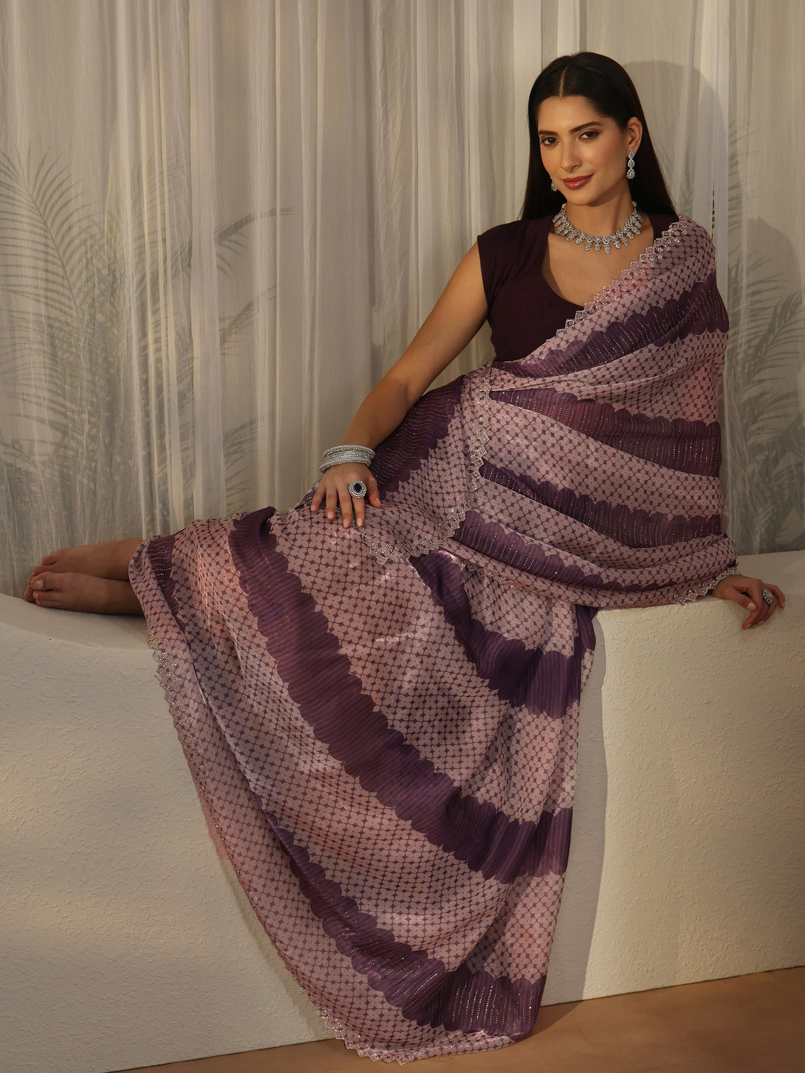 Mameraa Purple Geometric Stone Work Embellished Saree