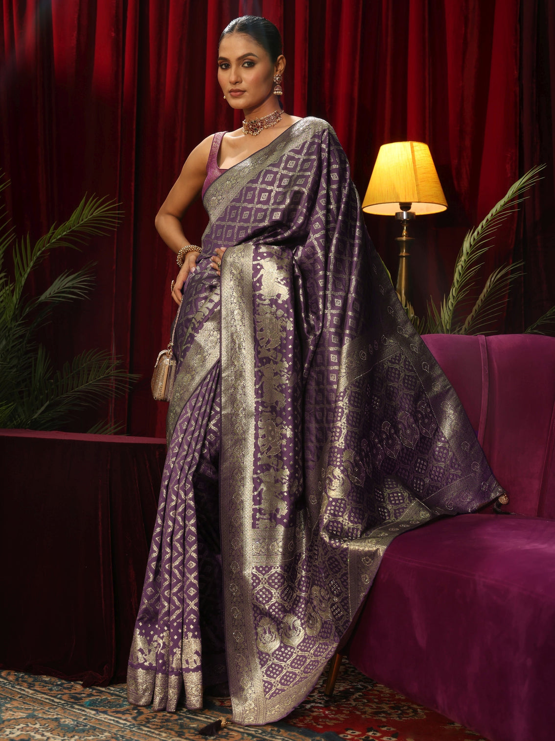 Mameraa Purple Geometric Woven Design Silk Blend Saree