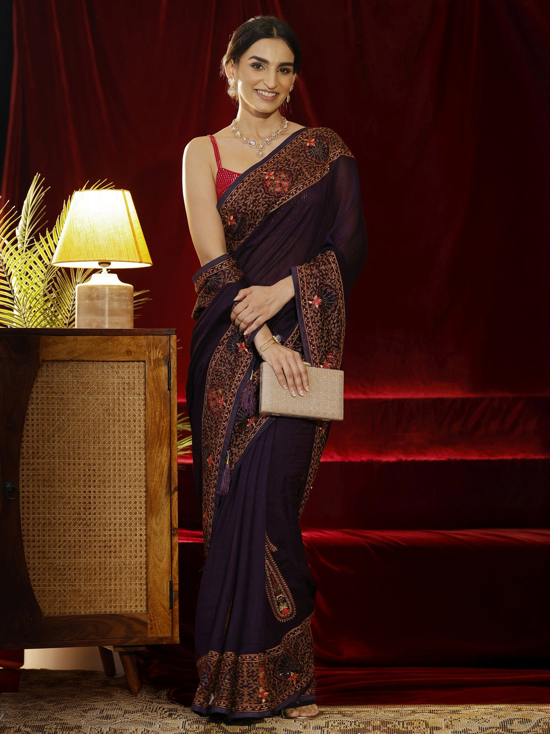Mameraa Purple Paisley Embroidered Silk blend Saree