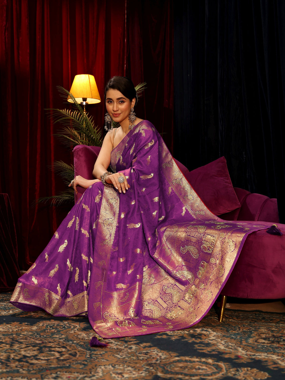 Mameraa Purple Peacock Woven Design Embellished Silk Blend Saree