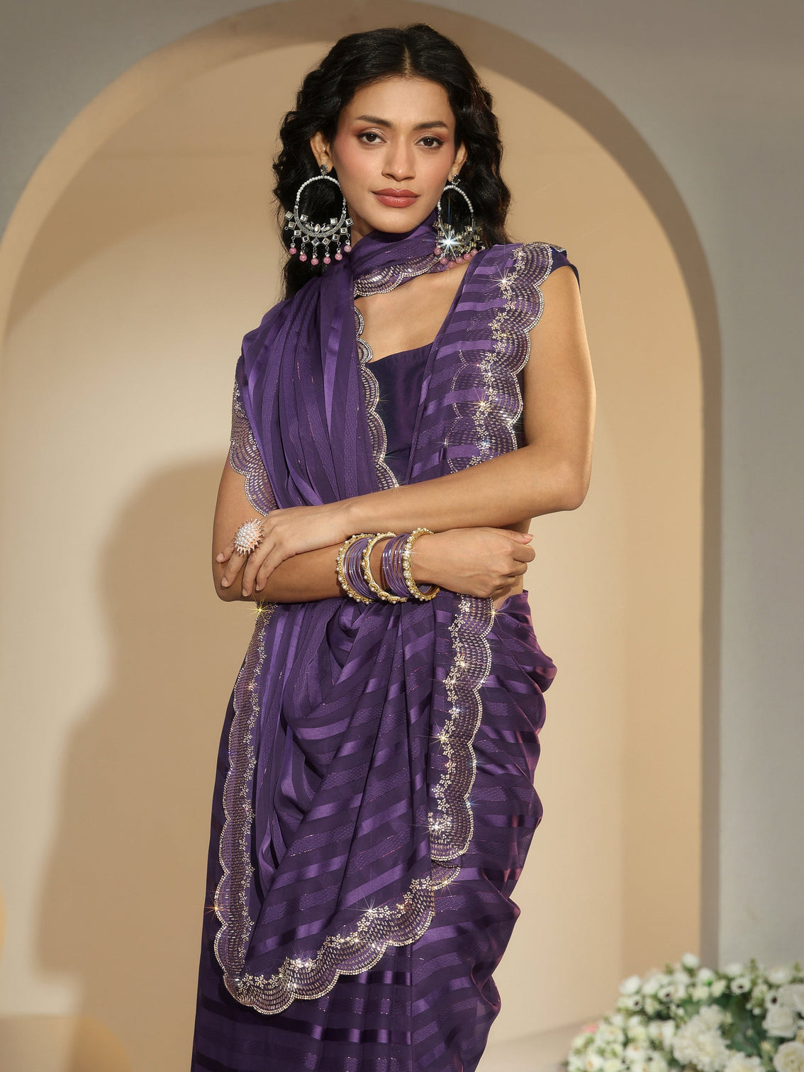 Mameraa Purple Striped Embellished Net Saree
