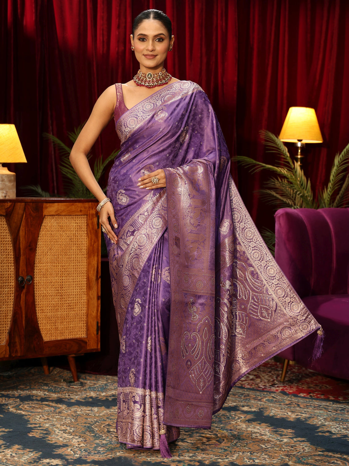 Mameraa Purple Woven Design Silk Blend Saree