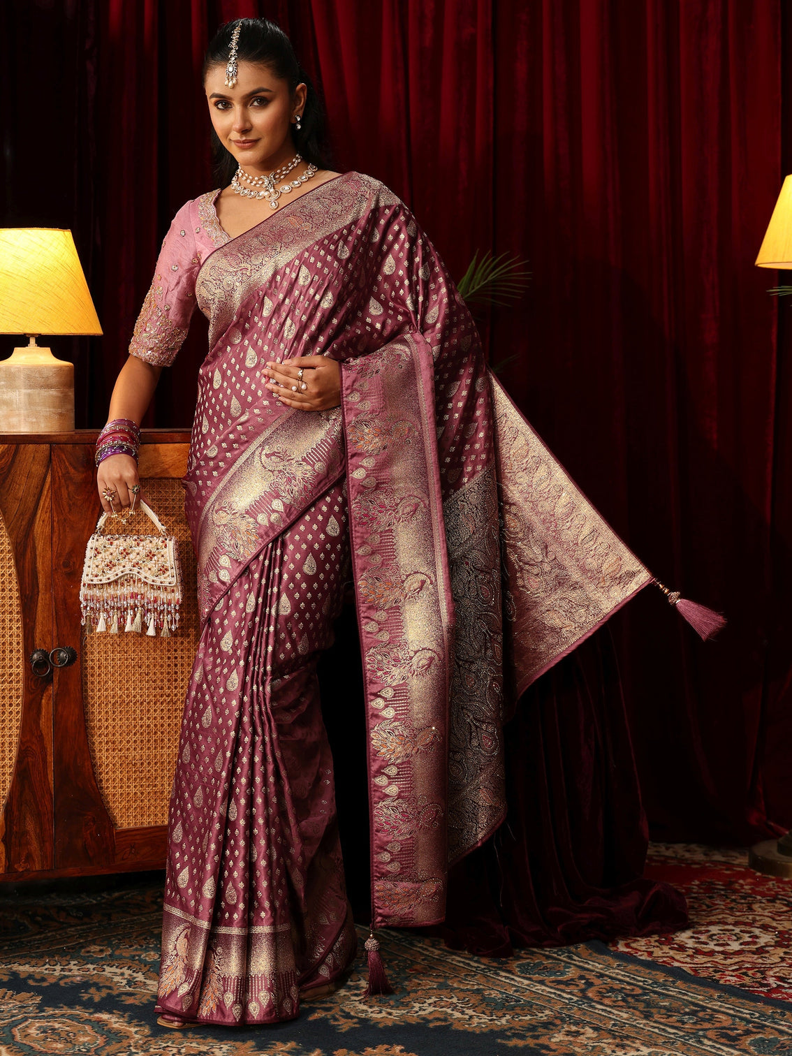 Mameraa Purple Woven Design Silk Blend Saree with Stone Work