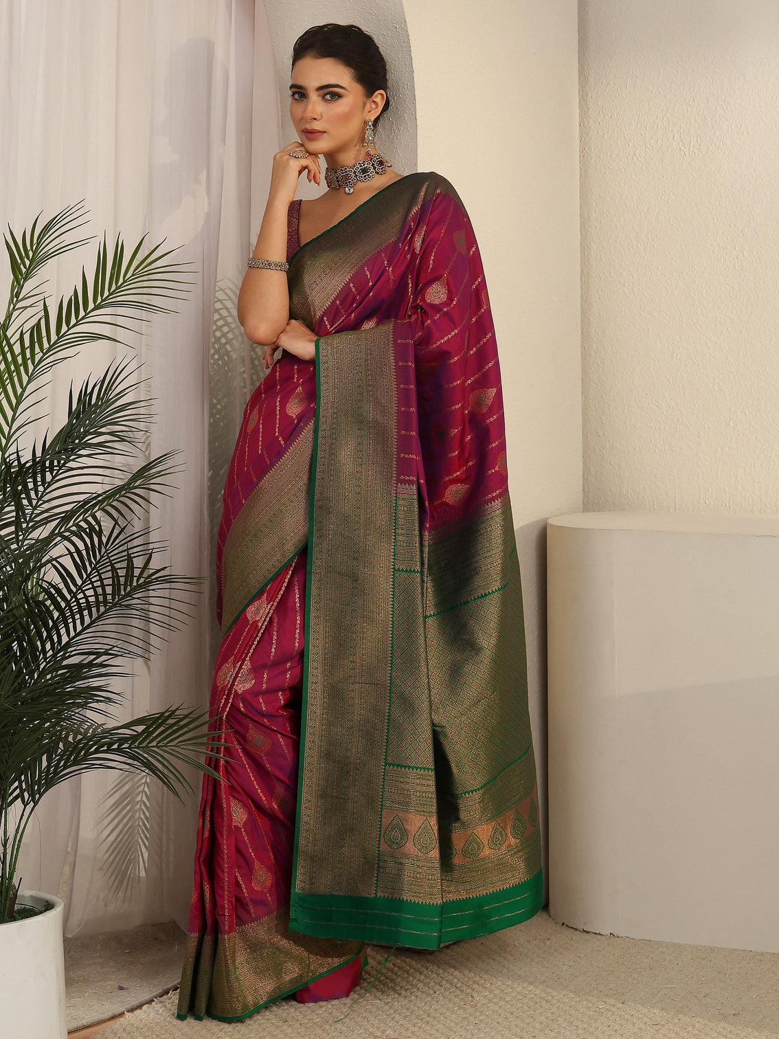 Mameraa Purple and Green Woven Design Silk Blend Saree