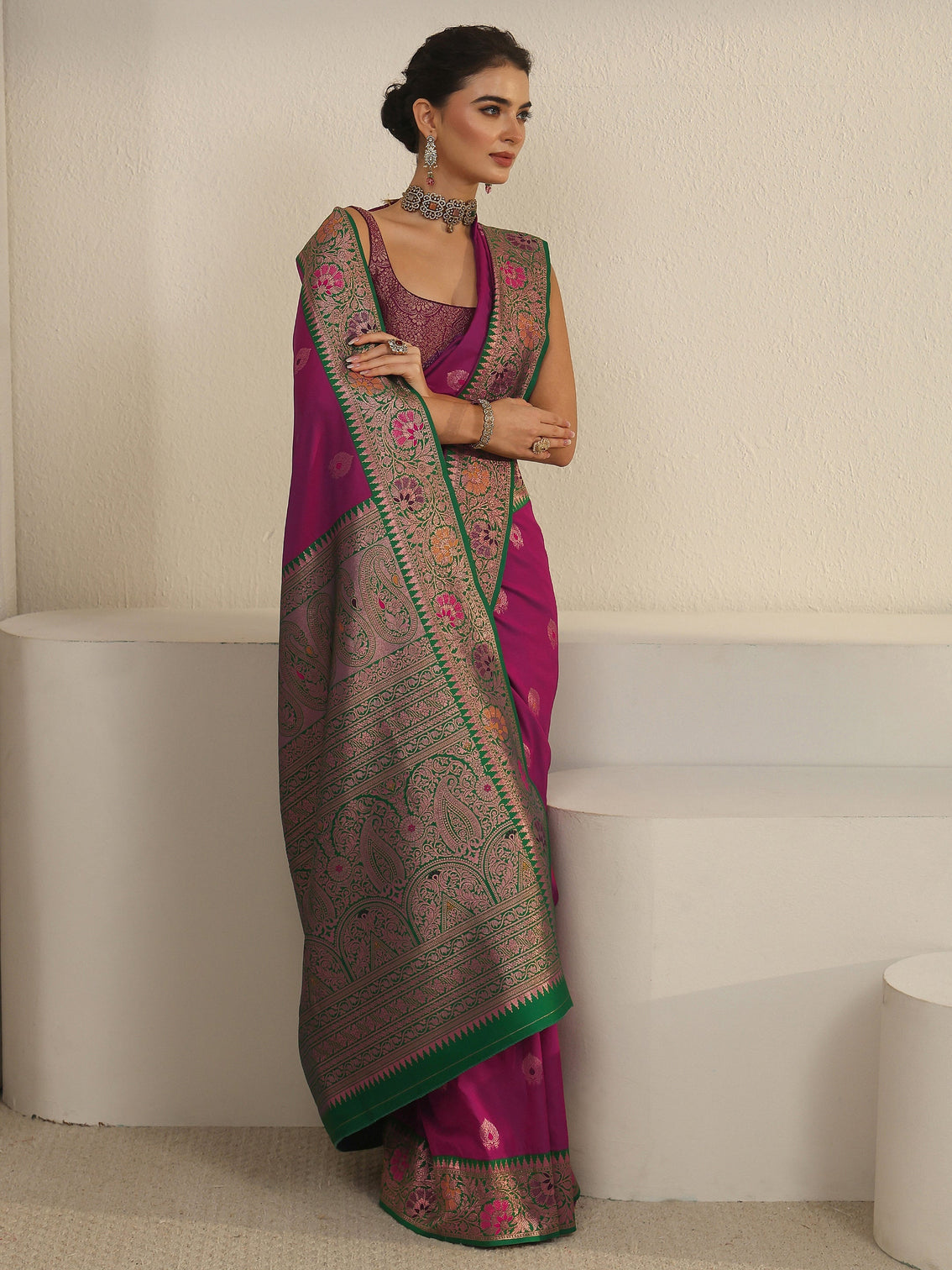 Mameraa Purple and Green Woven Design Silk Blend Saree
