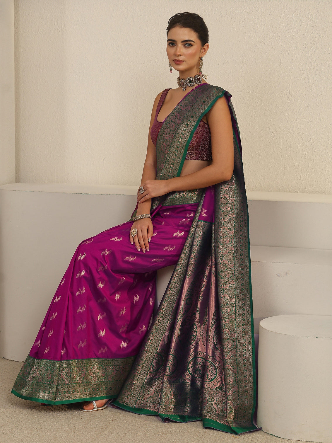 Mameraa Purple and Teal Green Peacock Woven Design Silk Blend Saree
