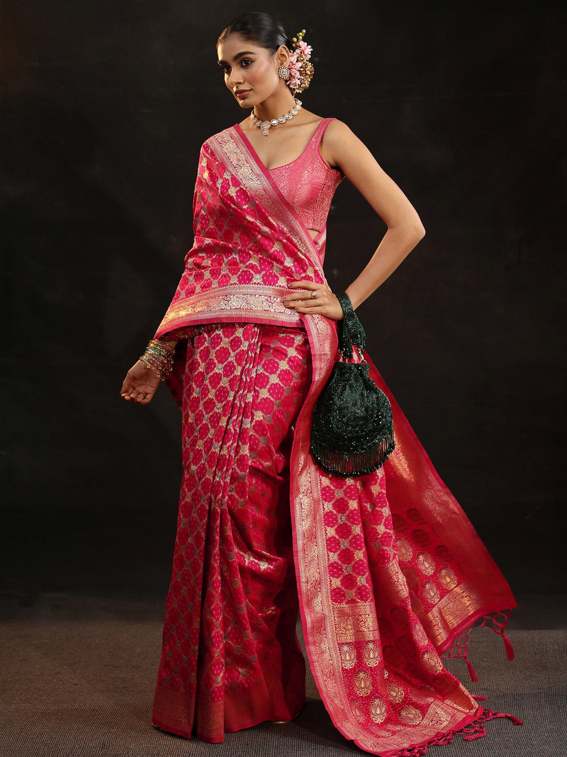 Mameraa Rani Pink Banarasi Silk Blend Saree