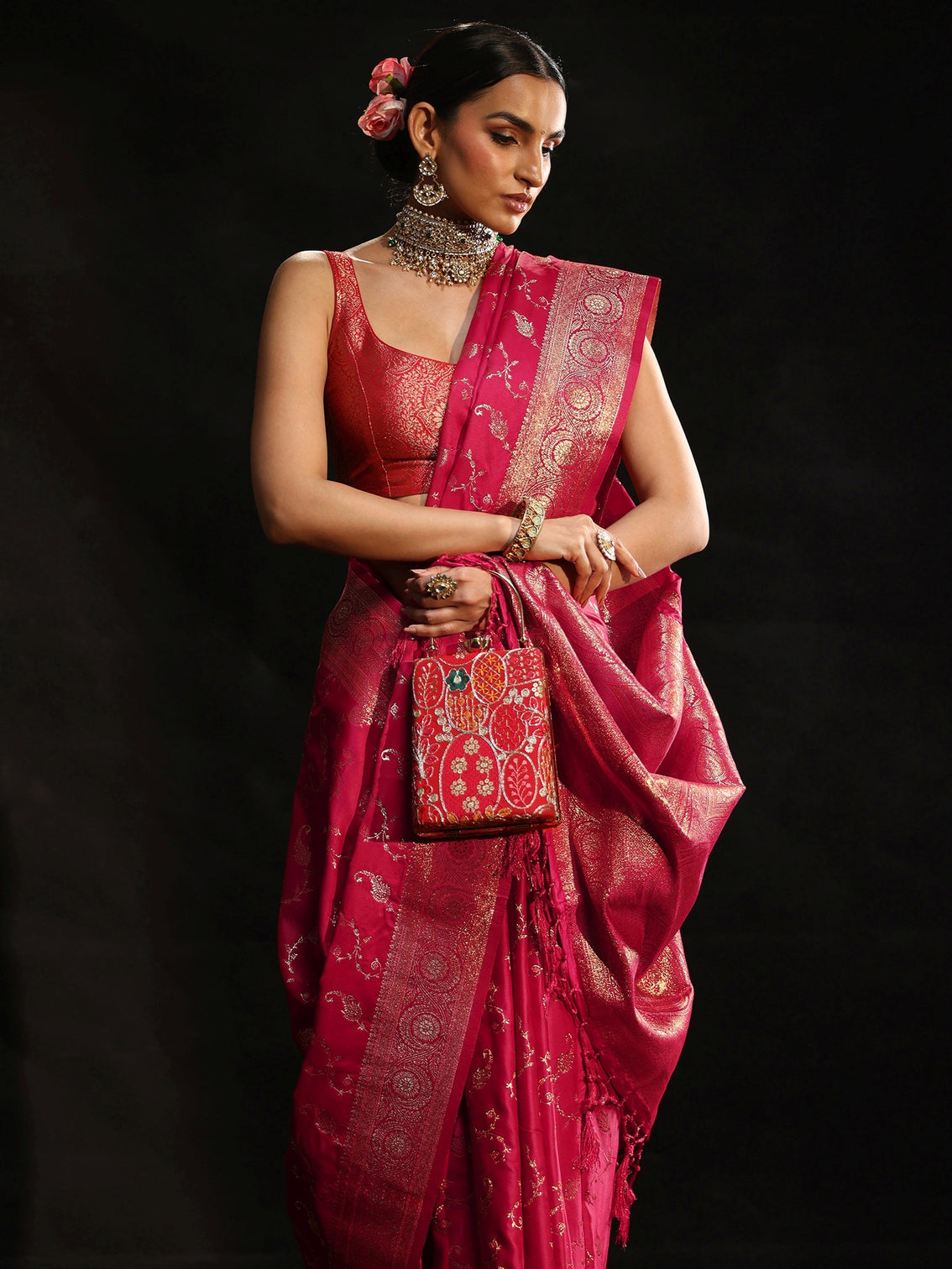 Mameraa Rani Pink Banarasi Silk Blend Saree