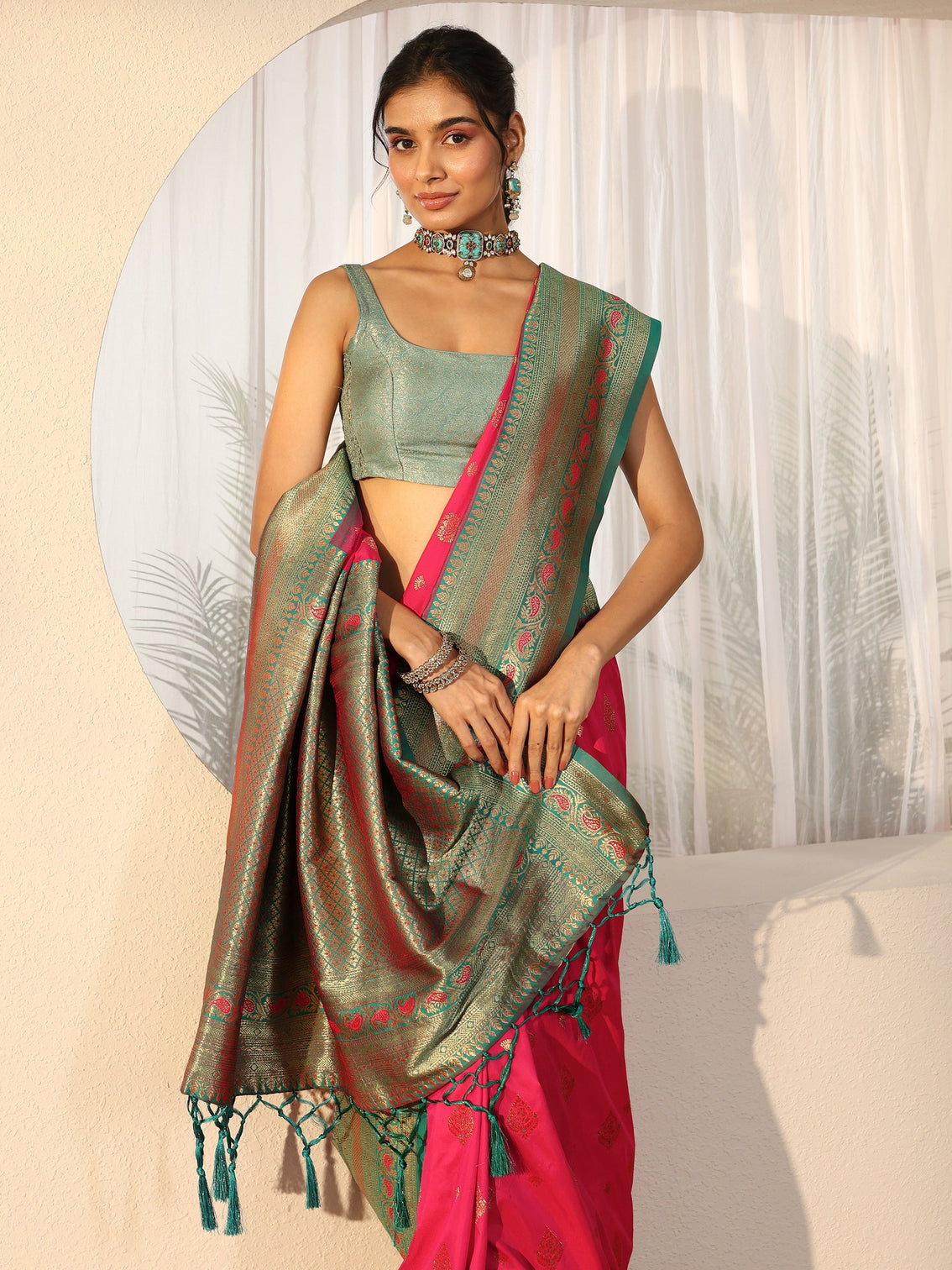 Mameraa Rani Pink Banarasi Silk Blend Saree