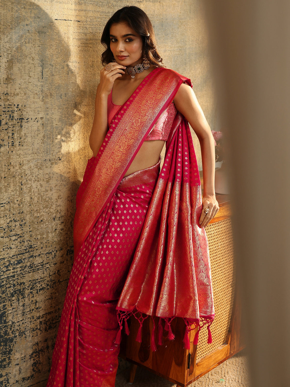 Mameraa Rani Pink Banarasi Silk Blend Saree