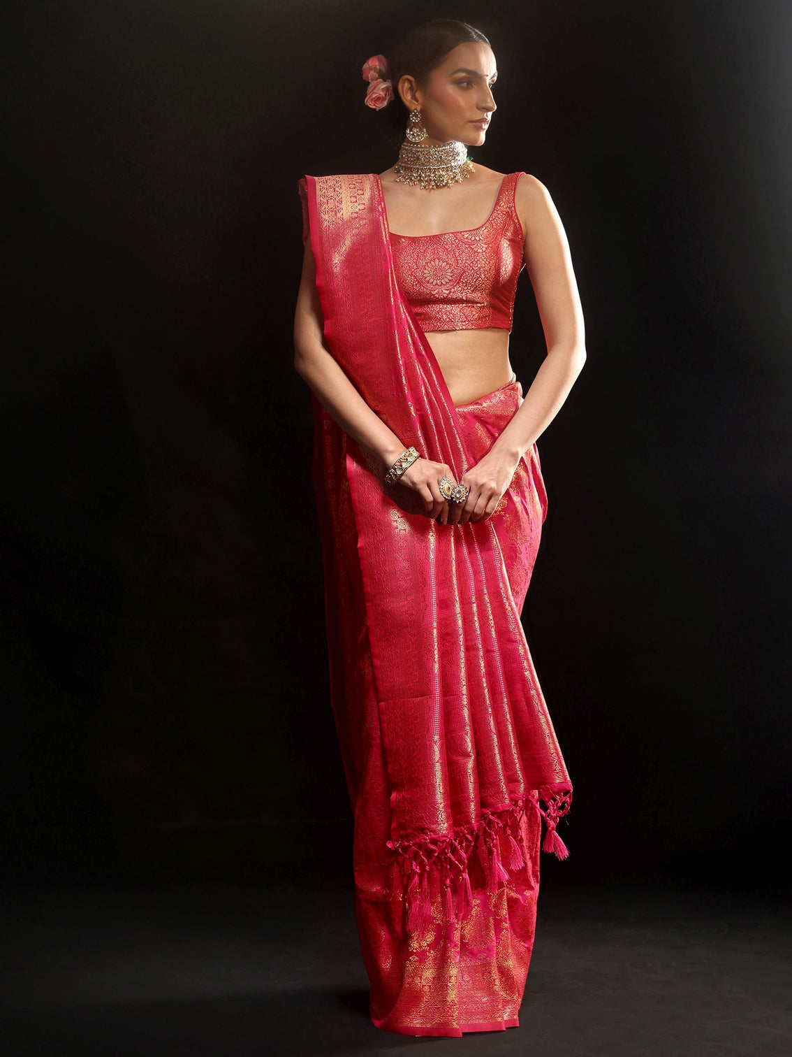 Mameraa Rani Pink Banarasi Silk Blend Saree
