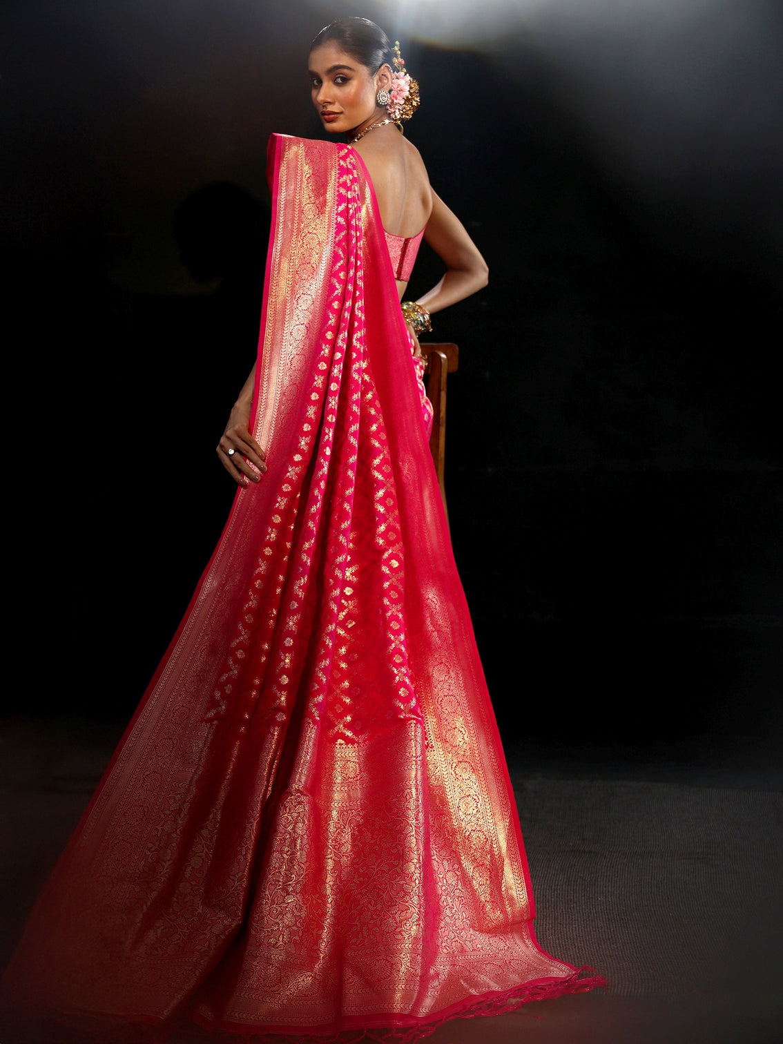 Mameraa Rani Pink Banarasi Silk Blend Saree