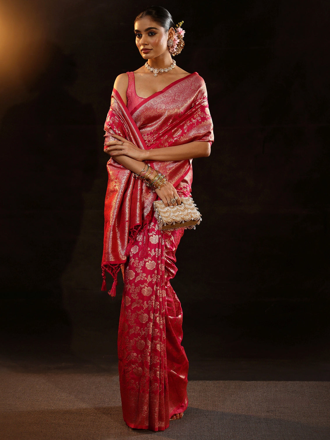 Mameraa Rani Pink Banarasi Silk Blend Saree