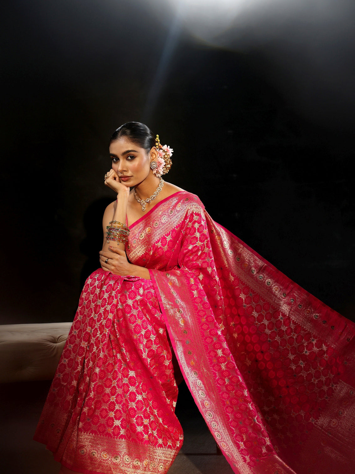 Mameraa Rani Pink Banarasi Silk Blend Saree