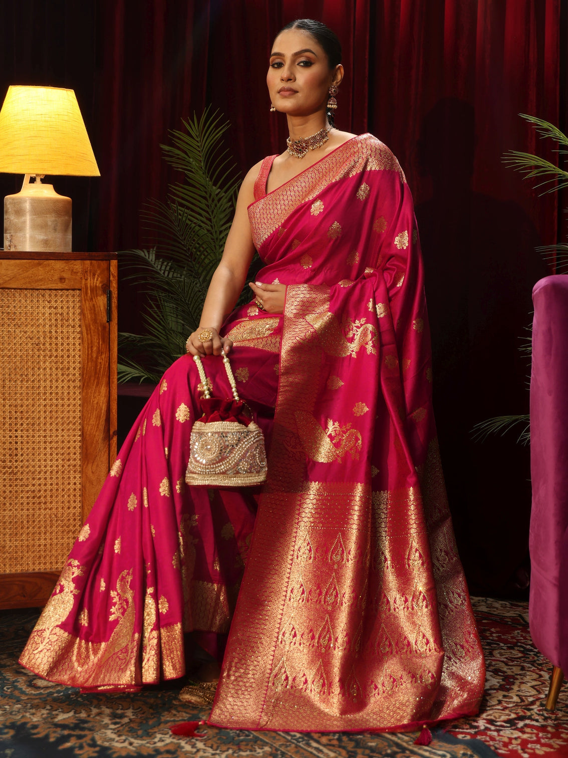 Mameraa Rani Pink Banarasi Silk Blend Saree