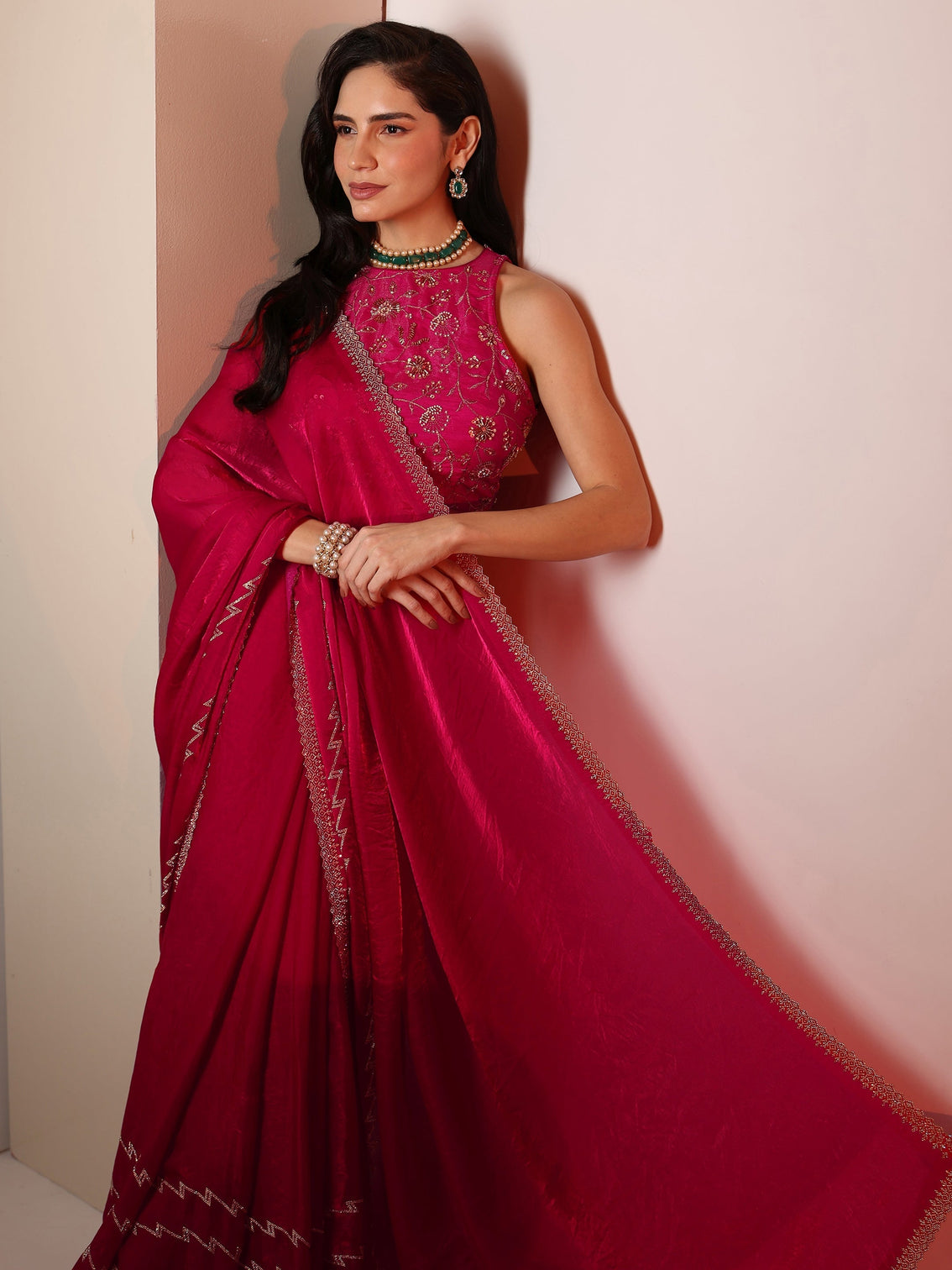 Mameraa Rani Pink Chevron Tissue Saree