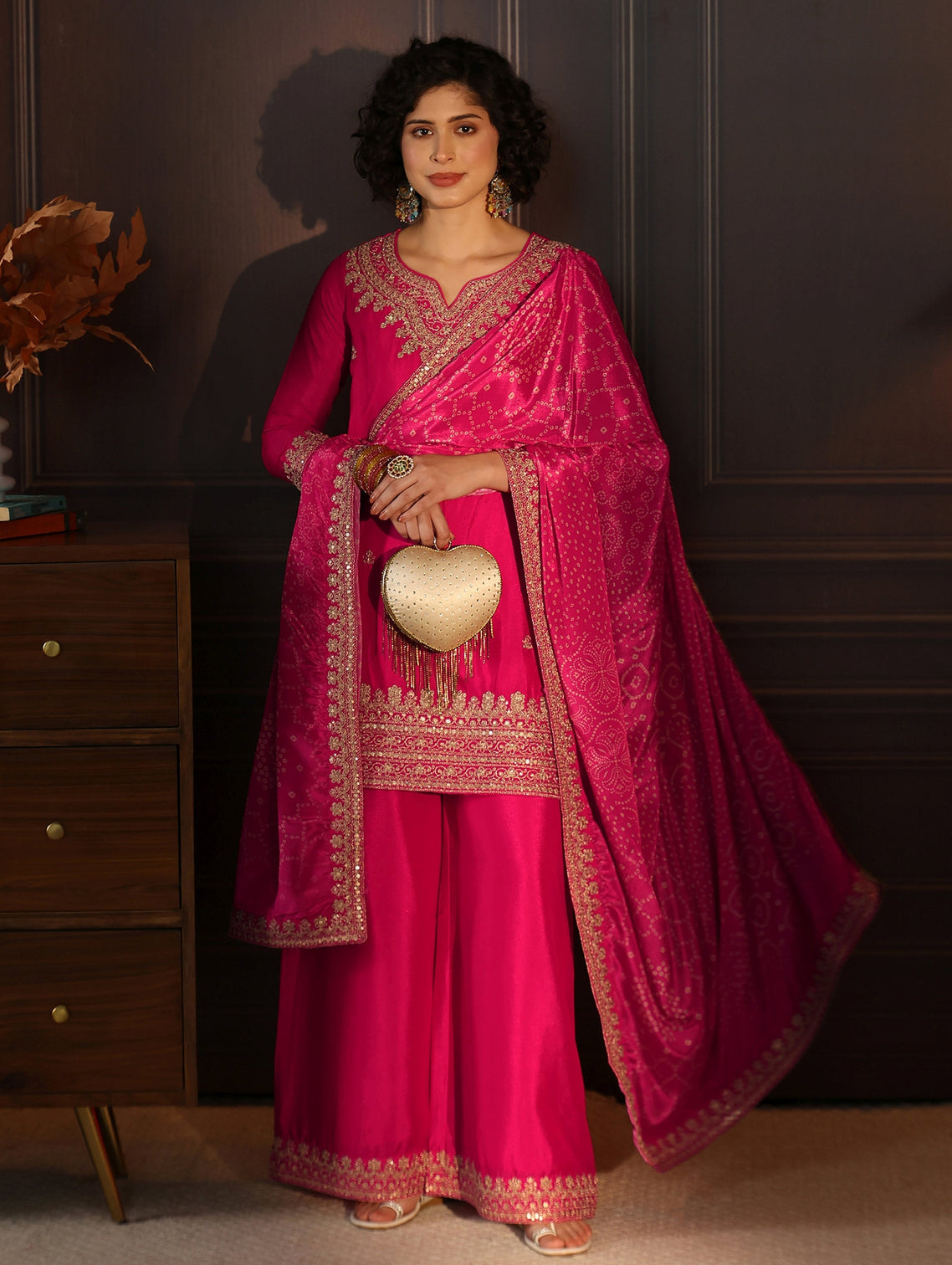 Mameraa Rani Pink Embellished Chinon Palazzo Suit Set