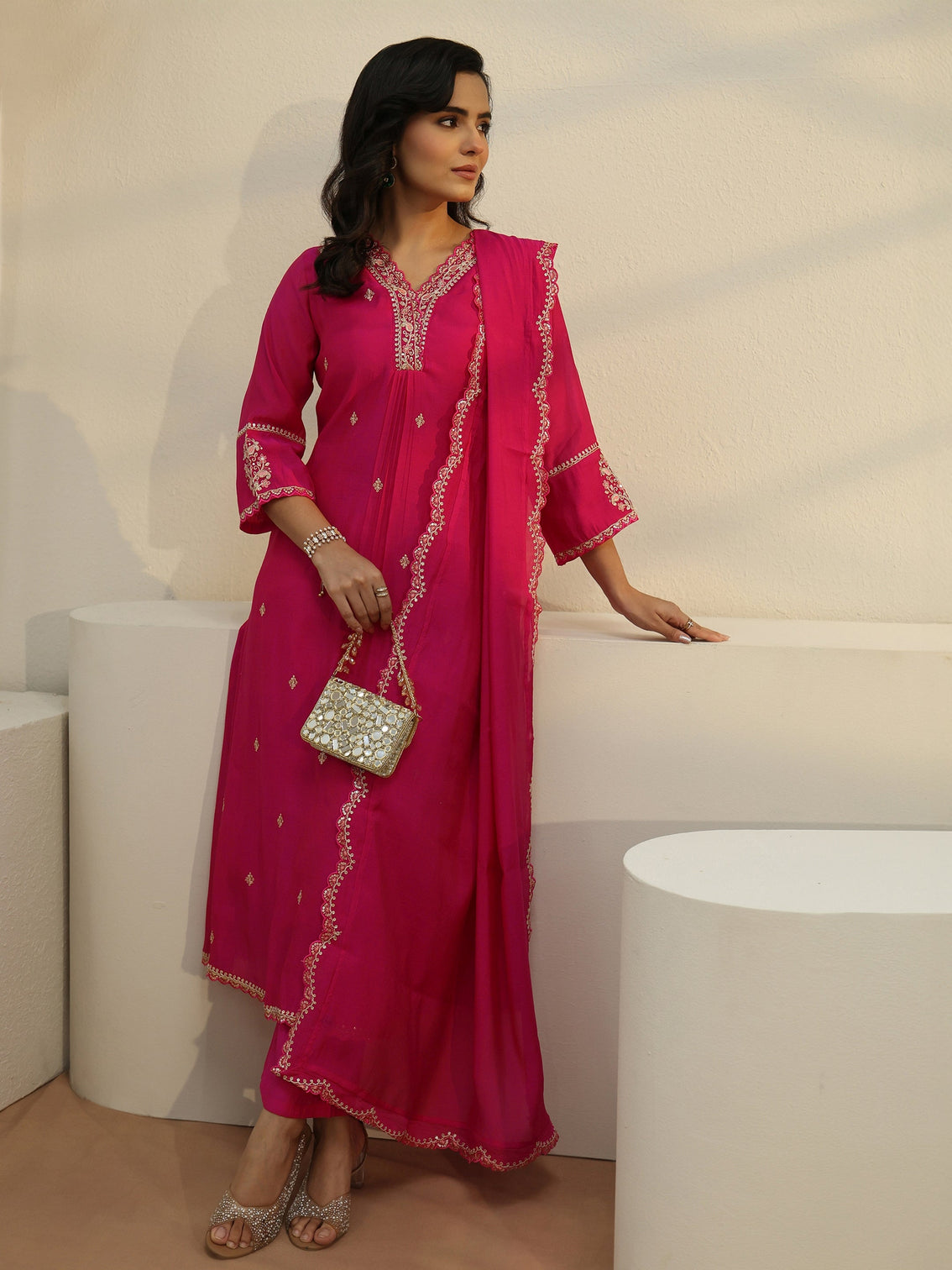 Mameraa Rani Pink Embroidered Chanderi Cotton A-Line Suit Set