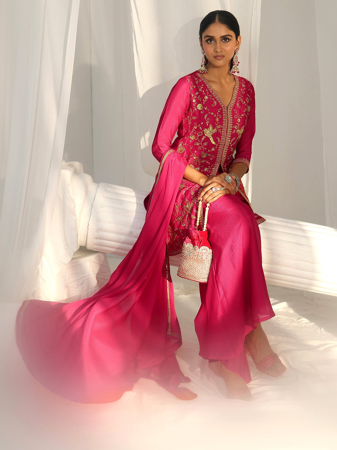Mameraa Rani Pink Embroidered Front Slit Chinon Palazzo Suit Set