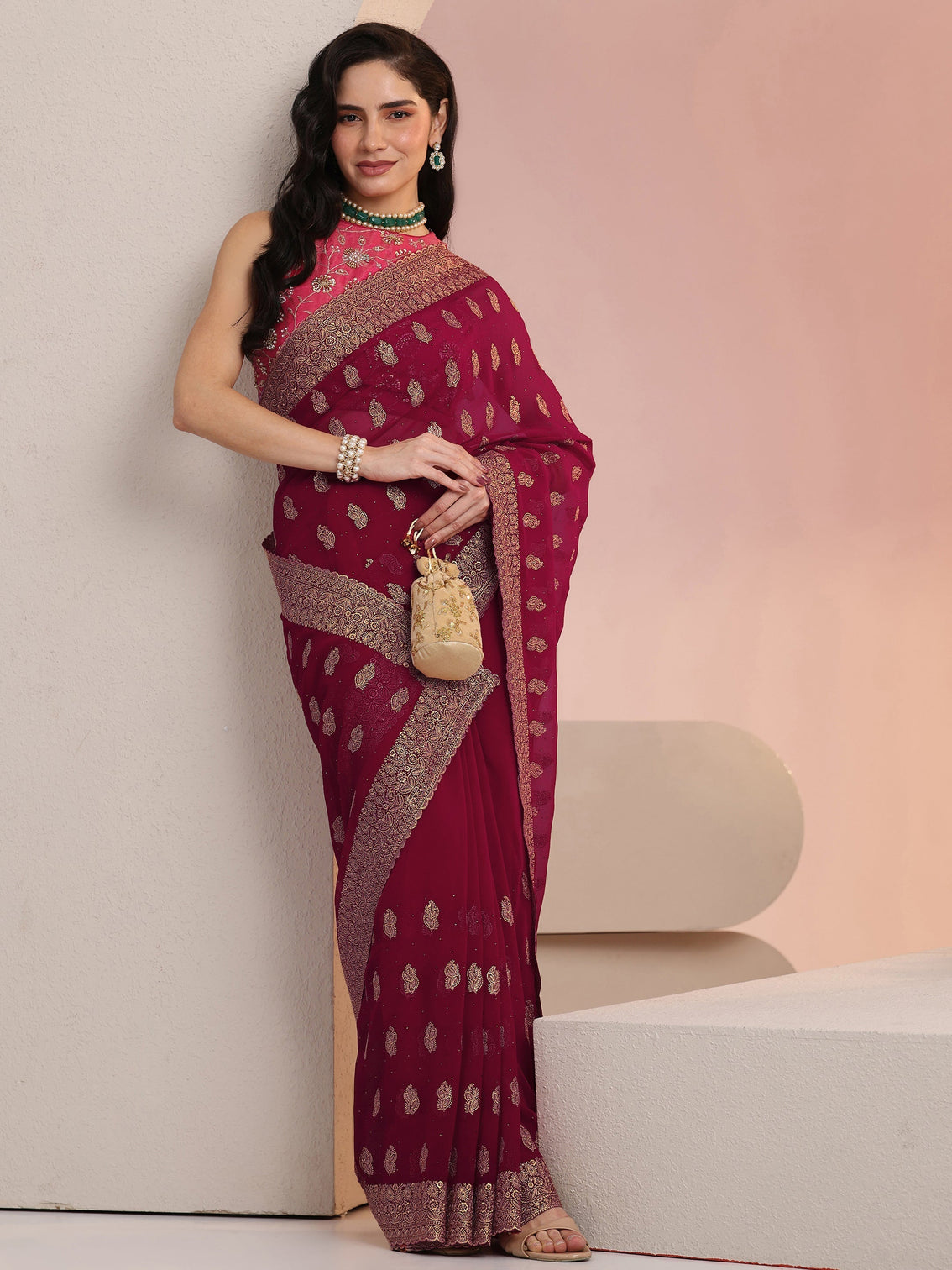 Mameraa Rani Pink Embroidered Georgette Saree