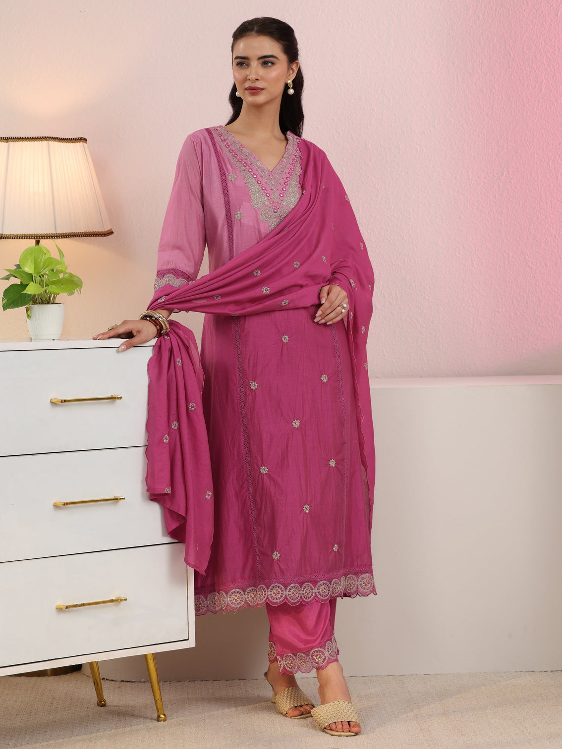 Mameraa Rani Pink Embroidered Silk Blend A-Line Suit Set