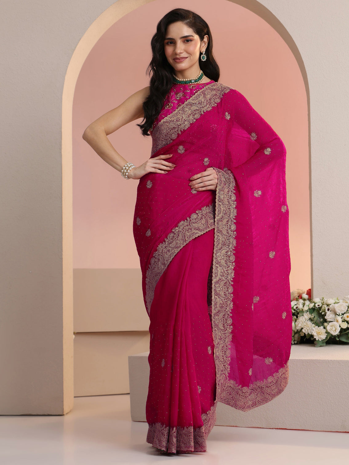 Mameraa Rani Pink Embroidered Tissue Saree